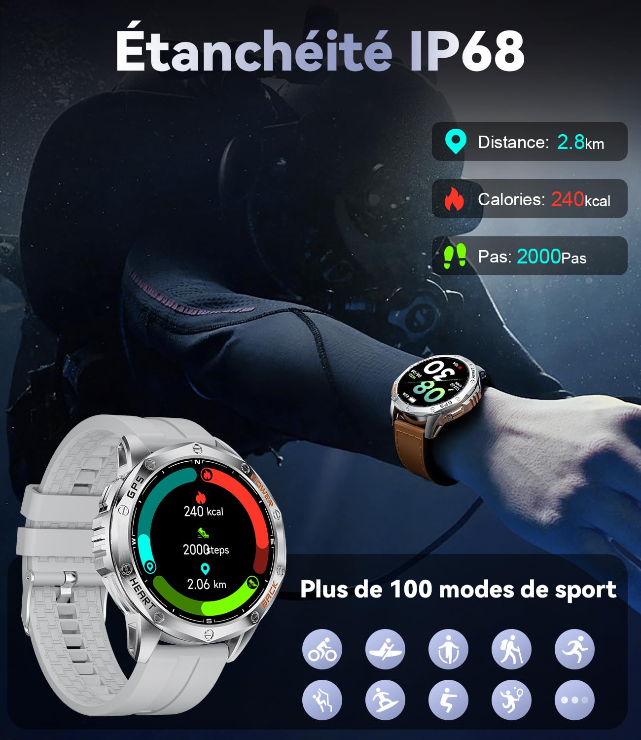 Montre Connectée 48mm 1,43" AMOLED 10ATM Étanche Militaire avec Baromètre, Boussole, Fréquence Cardiaque, SpO2, Sommeil, 530mAh Batterie pour Android iOS