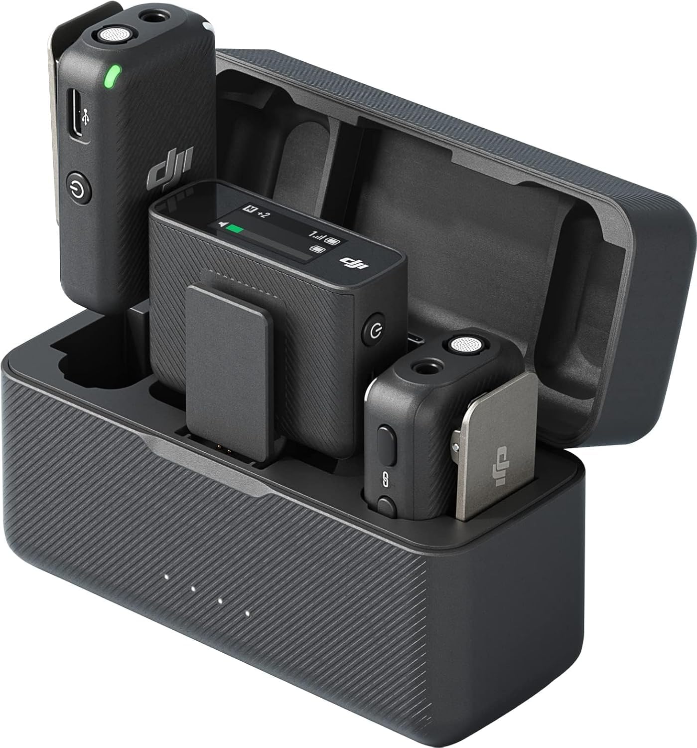 DJI Mic (2 TX + 1 RX + custodia di ricarica), microfono wireless, distanza fino a 250 m, batteria da 15 ore, eliminazione del rumore Microfono wireless per PC, iPhone, interviste, YouTube, vlog