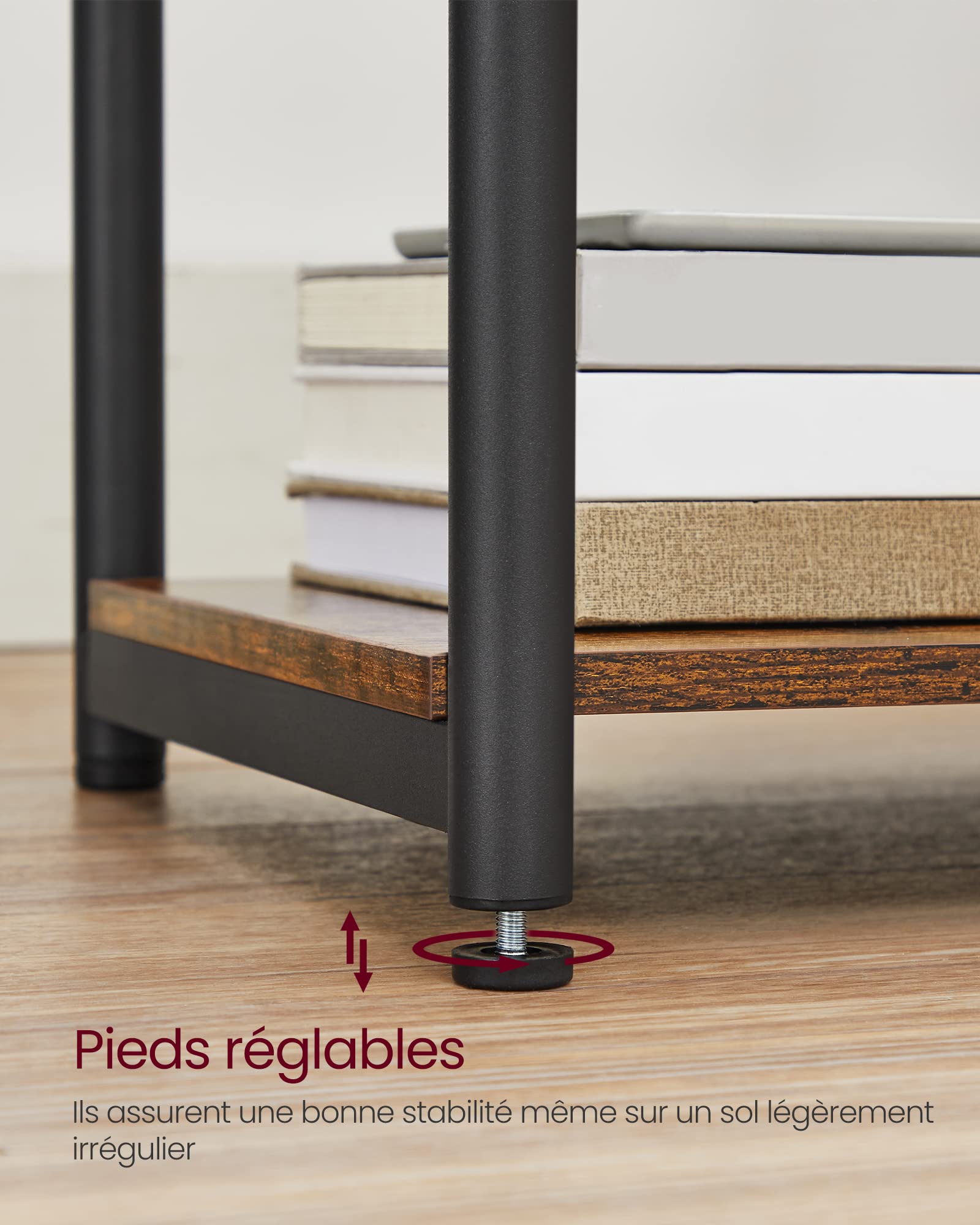 VASAGLE Table d'Appoint, Petite Table de Chevet avec Multiprise, Fin, 2 Prises CA, 2 Ports USB, 30 x 34 x 58 cm, pour Salon, Chambre, Marron Rustique et Noir LET375B01