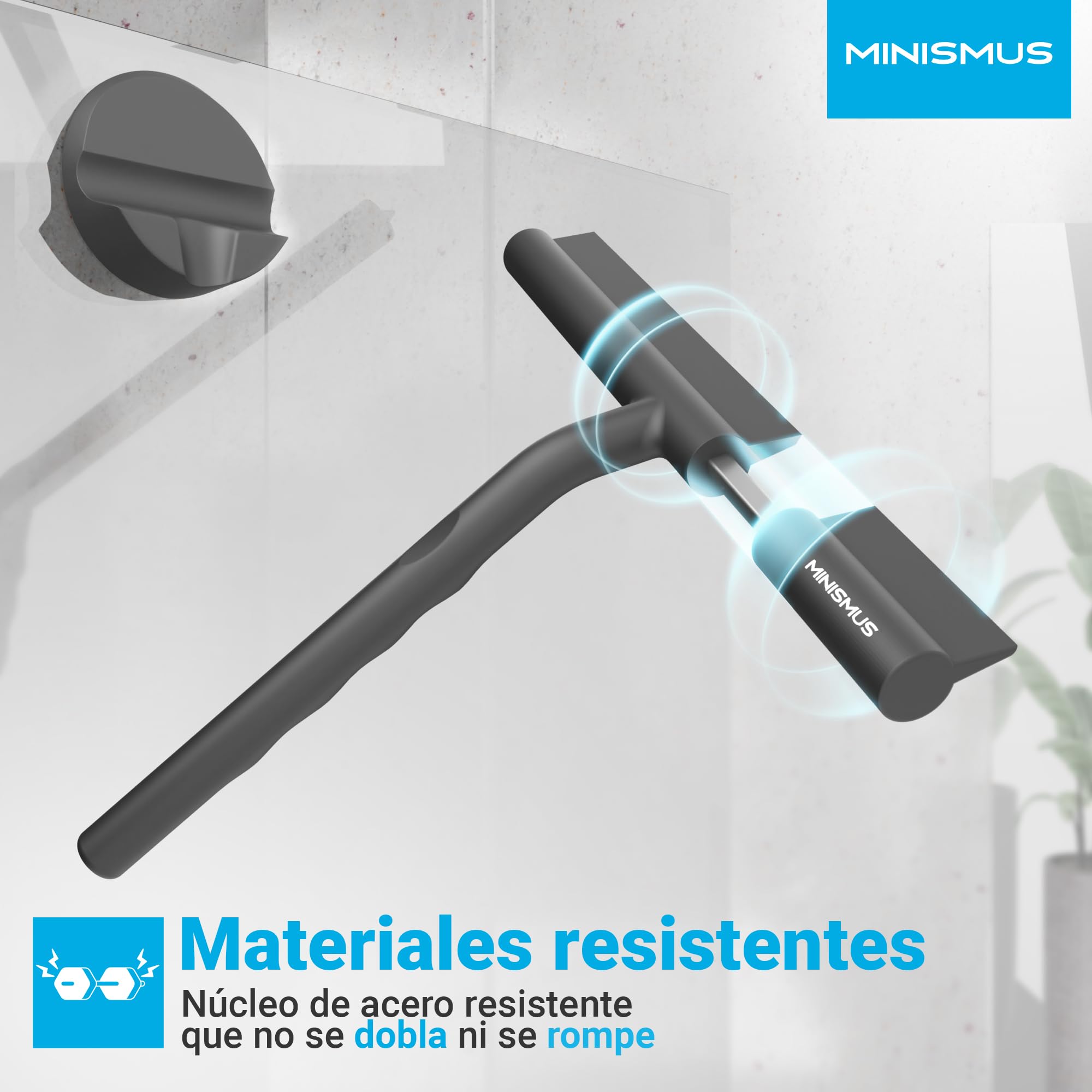 Minismus Limpiacristales para Ducha, baño, Azulejos, Espejos, Ventanas, Incluye Soporte magnético sin taladrar, Autoadhesivo, diseño Moderno (Negro, 21 cm) — view 4