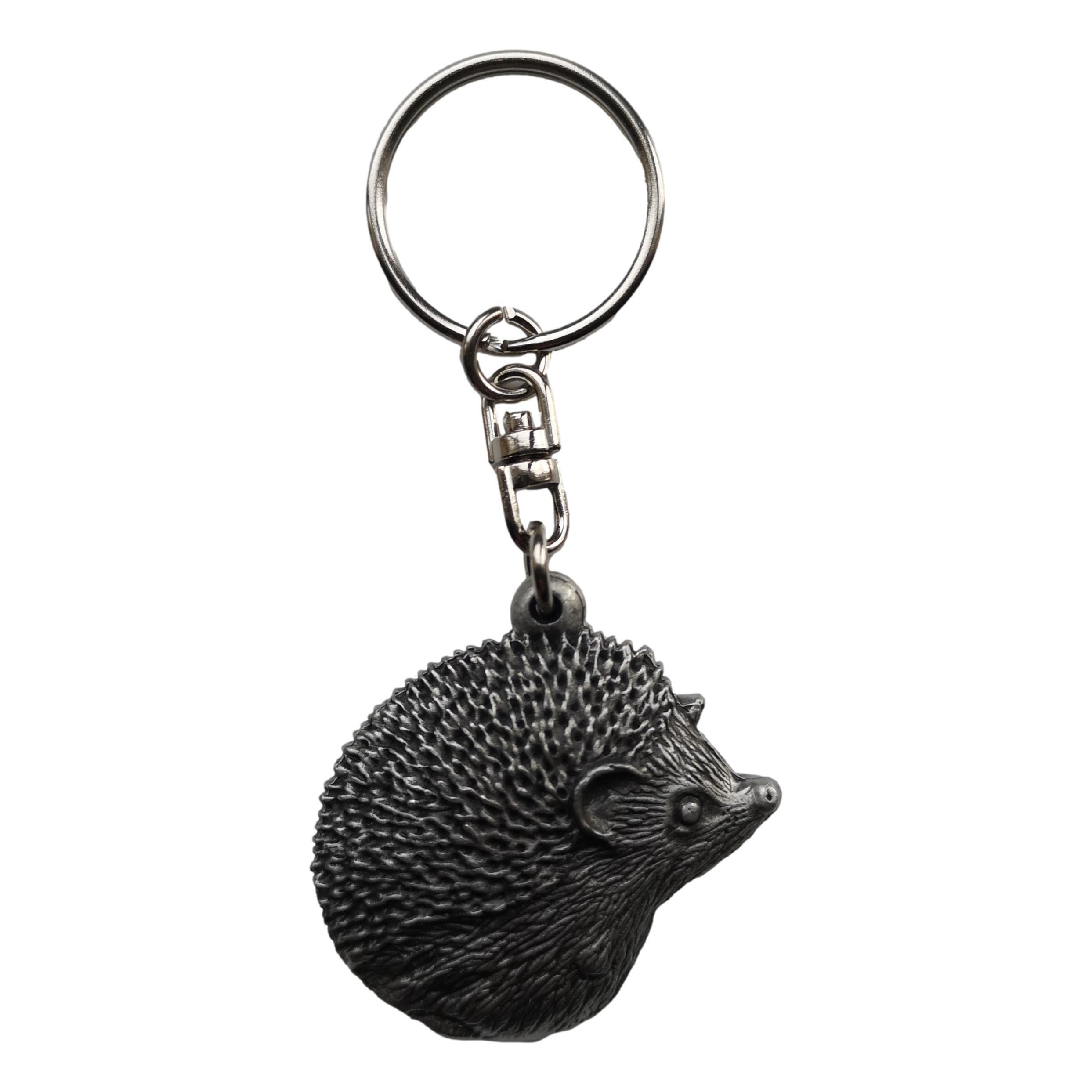 Large Hedgehog Pewter Keyring in black organza gift pouch