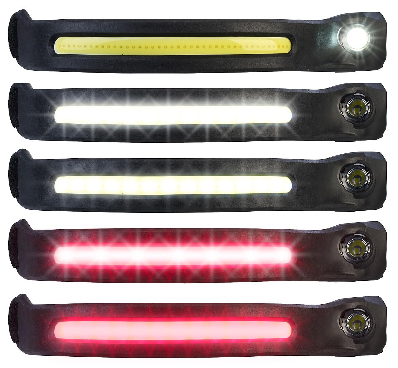 Stirnlampe Rotlicht: 4er-Set Akku-Stirnlampen, 230°-Flutlicht, COB- & SMD-LED, 500 Lumen (LED-Stirnlampe aufladbar, Stirnlampe LED Akku USB)