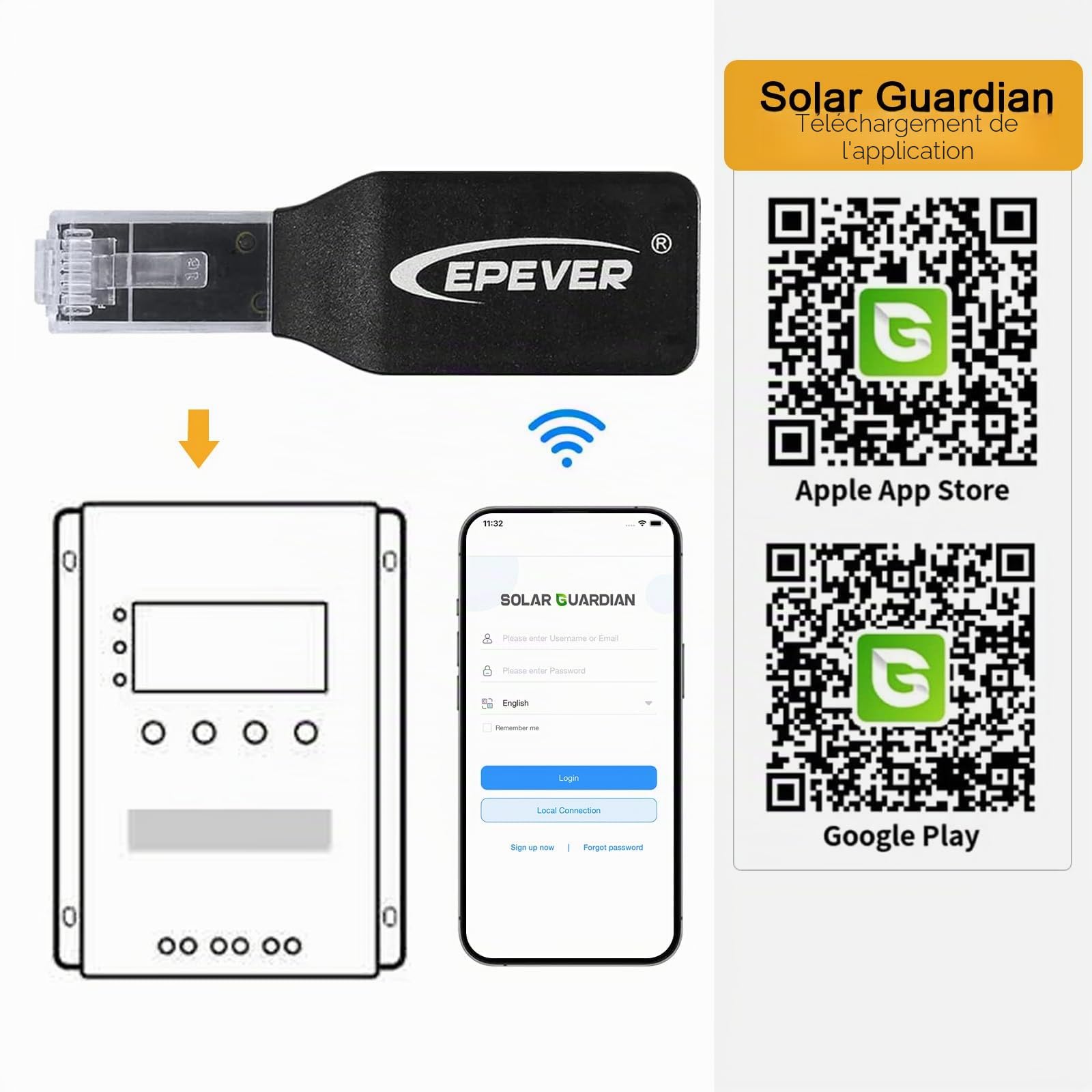 EPEVER® Adaptateur WiFi 2,4 GHz RJ45 D – Module WLAN pour surveillance des régulateurs MPPT & PWM via application SolarGuardian