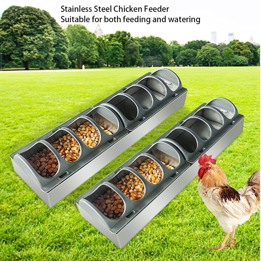 Comedero de pollo de acero inoxidable, comedero rectangular con tapas divididas, equipo de alimentación de aves de corral de doble cara a prueba de derrames para pollos, patos