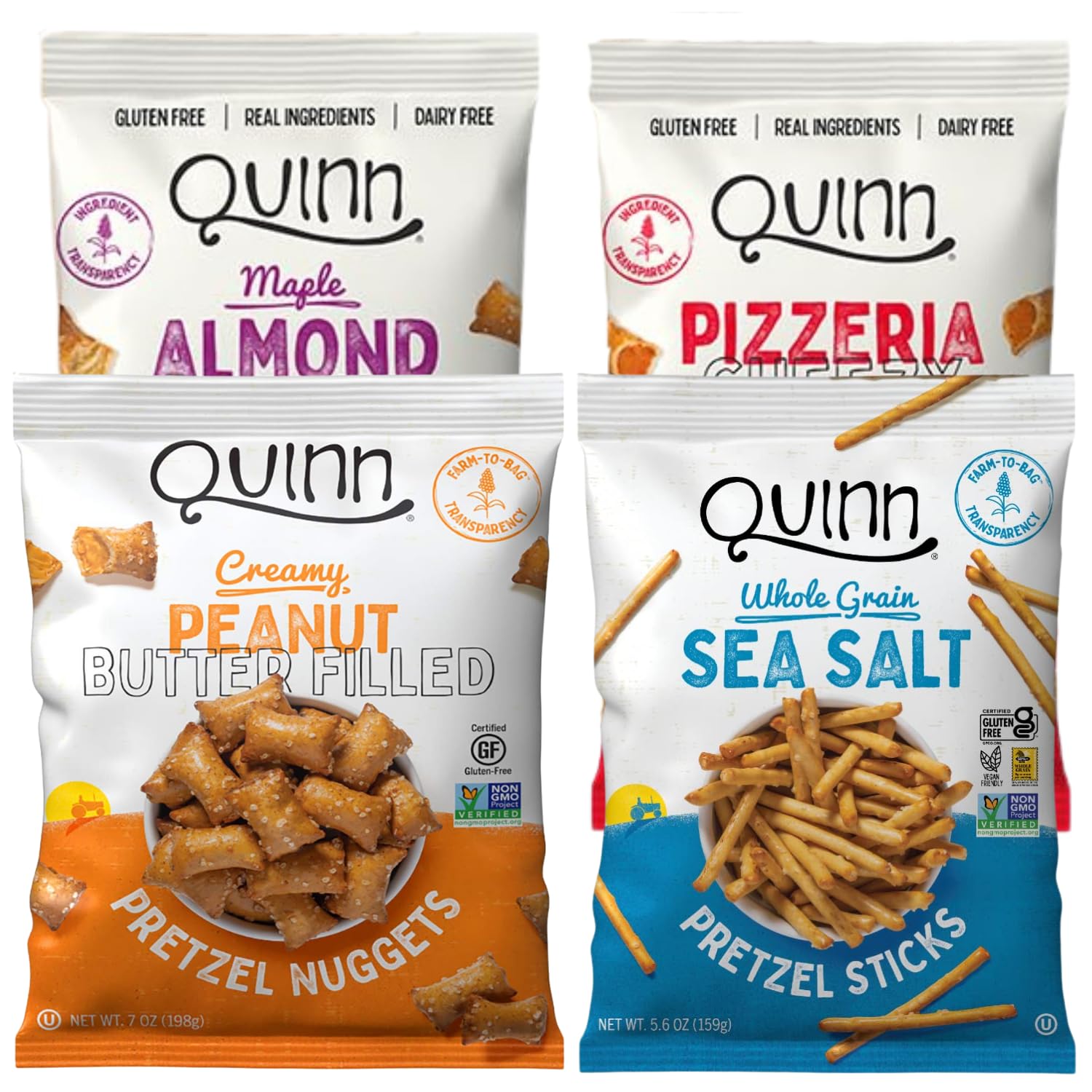 Sponsored Ad - Quinn Pretzel Nuggets Quinntessential Pack - Made with Real Ingredients, Whole Grain Sorghum, Vegan, Gluten Free, Dairy Free, Non-GMO - Peanut Butter, Pizzeria, Sea Salt Stick, Maple (Pack of 4)