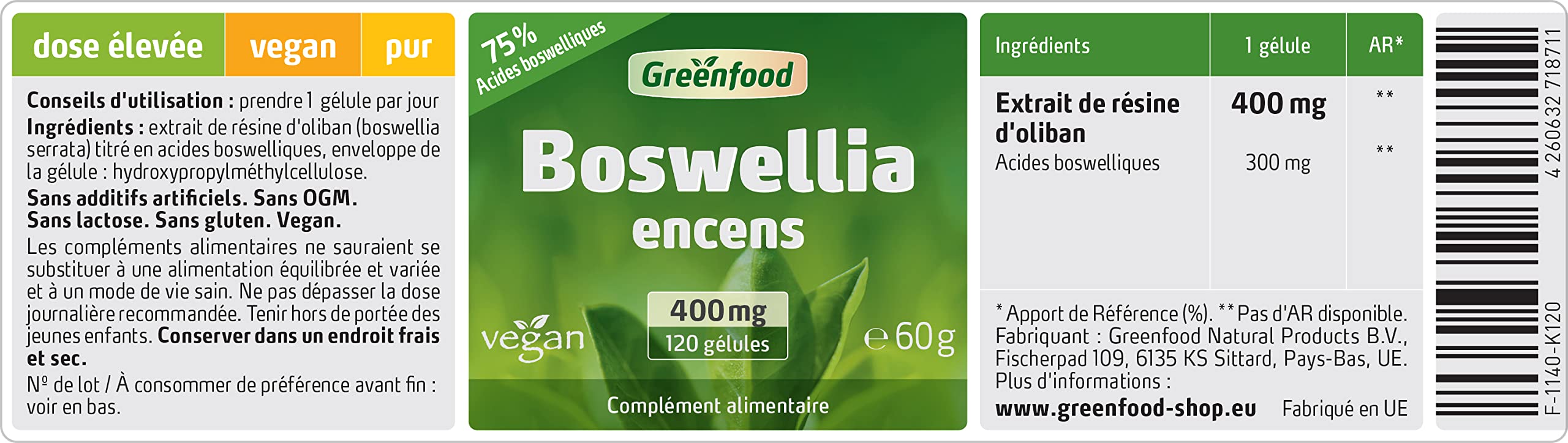 Greenfood Boswellia Encens, 400 mg, dose élevée, 120 gélules - Sans additifs artificiels. Sans génie génétique. Vegan.