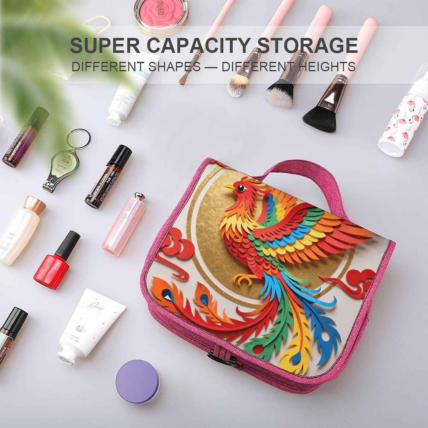 Colorful Phoenix Toiletry Bag with Hanging Hook Large Travel Cosmetic Organizer Waterproof Portable Makeup Storage Multiple Compartments Bag for Men Women Bathroom image 4