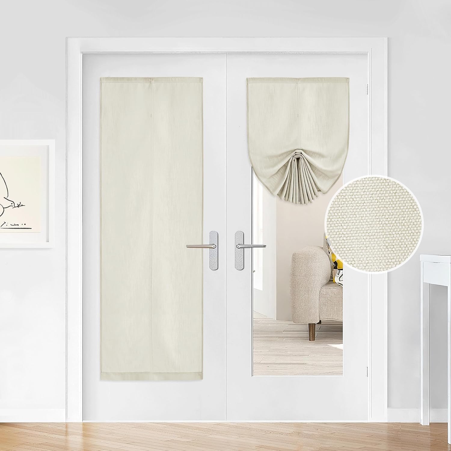 RYB HOME Pull Up Window Shades for Living Room, Flax Linen Sticky Door Curtains for French Door, Adjustable Privacy Added Curtains for Bedroom Dining Room, W26 x L69 inches, Natural, 1 Piece