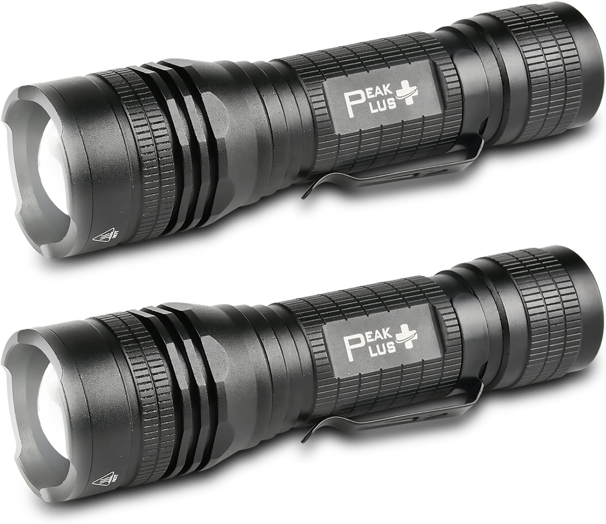 PeakPlus LED Tactical Flashlight PTAC1000 [2 Pack] - Single Mode, High Lumen, Zoomable, Water Resistant, Flash Light - Camping, Outdoor, Emergency, Everyday Flashlights with Clip