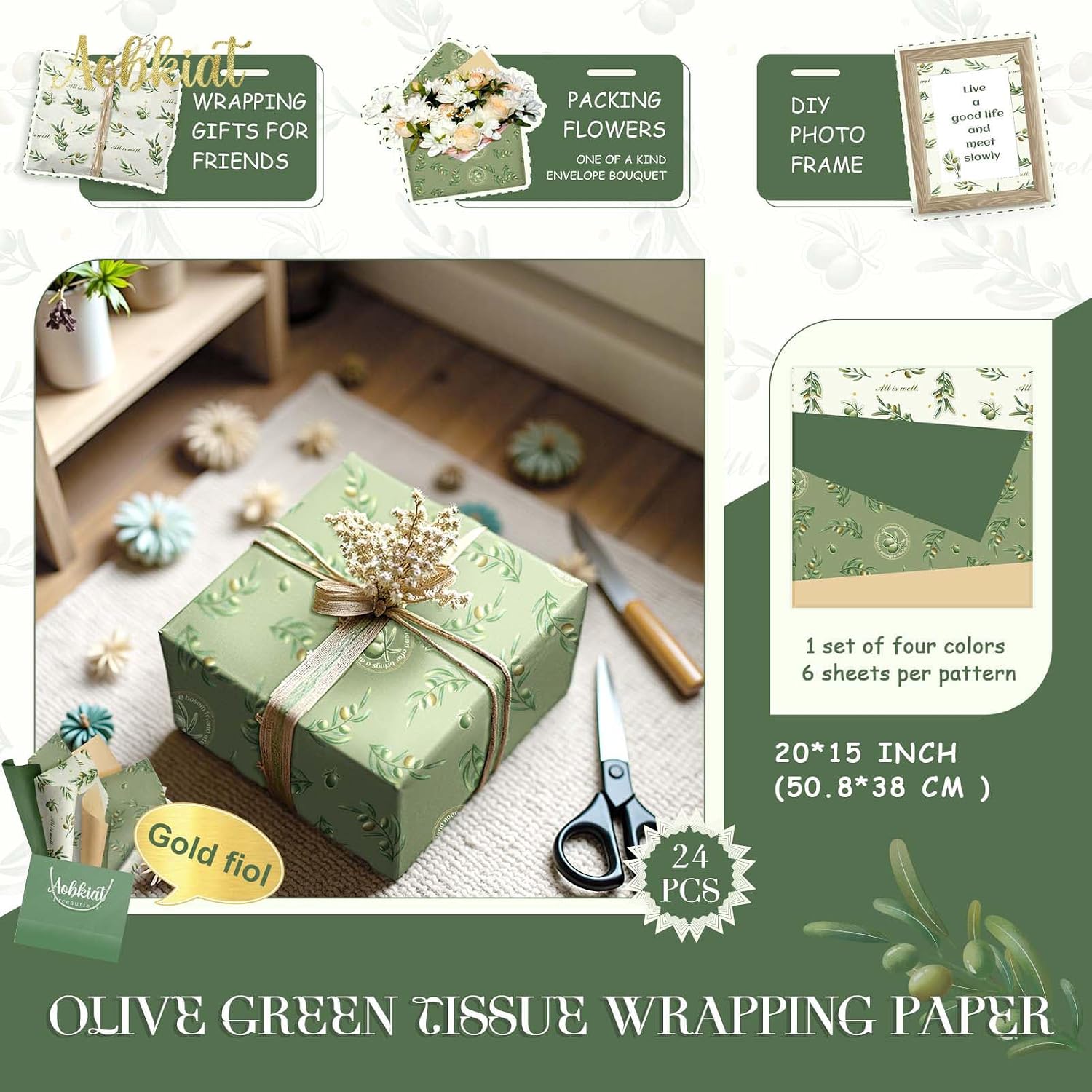 Aobkiat Christmas Green Olive Leaf Tissue Paper for Bags,24 Sheets