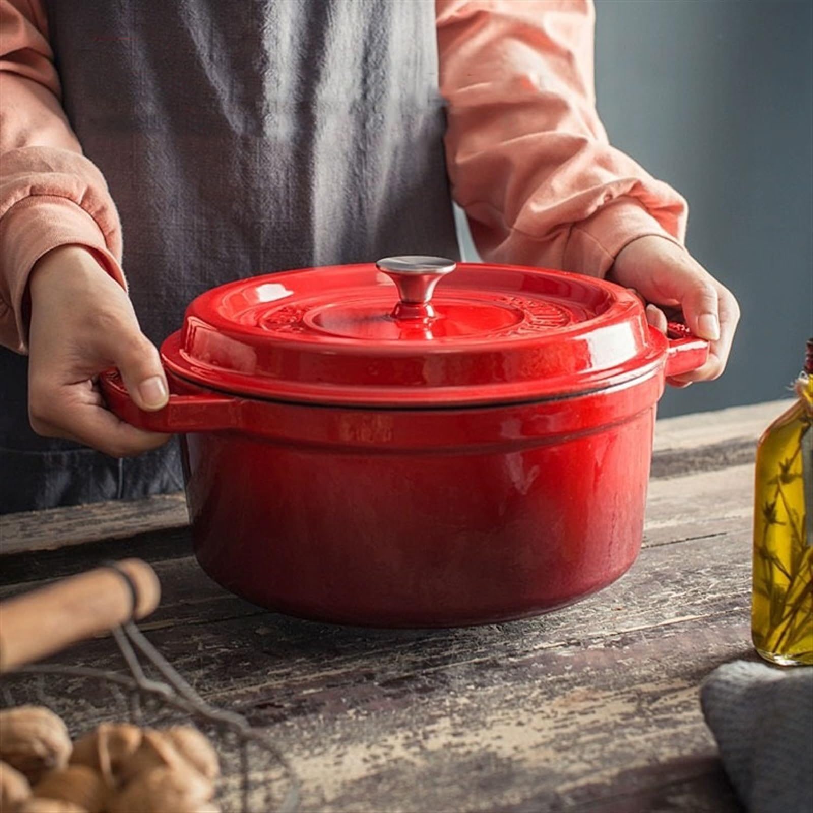 Cacerola Olla de Barro de Hierro Fundido esmaltado, Olla for Sopa y estofado, Olla for cocinar, Utensilios de Cocina antiadherentes sin Recubrimiento Pote de cazuela(3.8l)