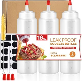 Squeeze Bottles, 16oz Leak-Proof Wide Mouth Condiment Squeeze Bottles for Liquids Sauces Ketchup Oil, 3 Pack