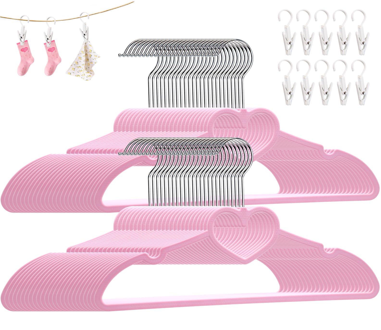 ZRKFSR Plastic Hangers 80 Pack, Pink Clothes Hanger with 10 Clips- Ultra Thin Space Saving with 360 Degree Swivel Hook -Strong Adult for Dress,Shirt,Coats