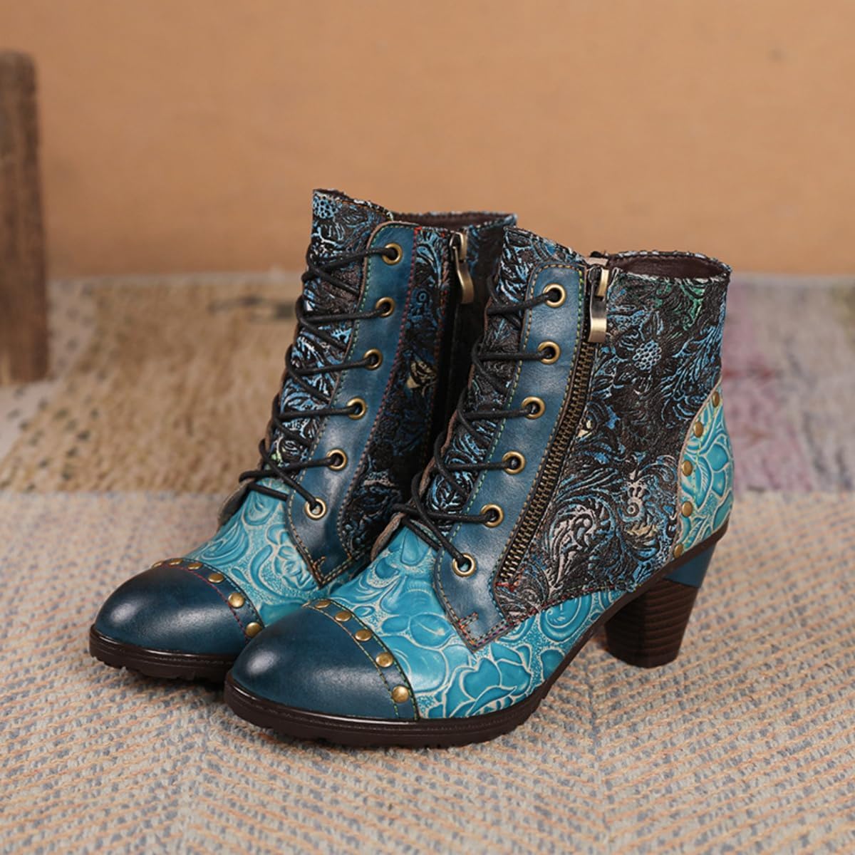 SOCOFY Womens Ankle Boots Leather Block Heel Bohemian Leather Boots