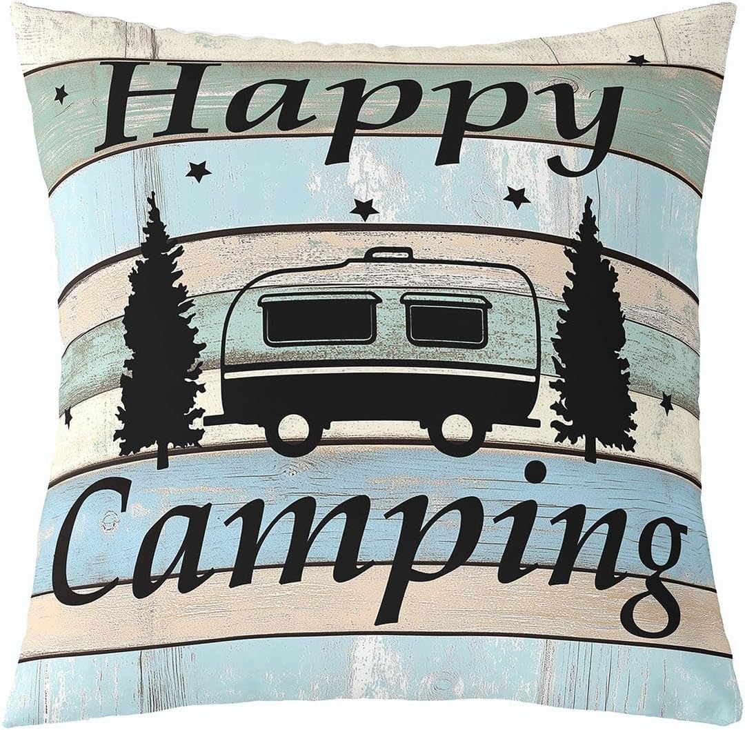 Feelyou Camper Rustic Wooden Outdoor Throw Pillow Covers 24"x24" Set of 2 Soft Happy Camping Cushion Covers for for Couch Sofa RV Camping Cartoon Car Print Decor Pillowcases Outdoor Pillows Covers