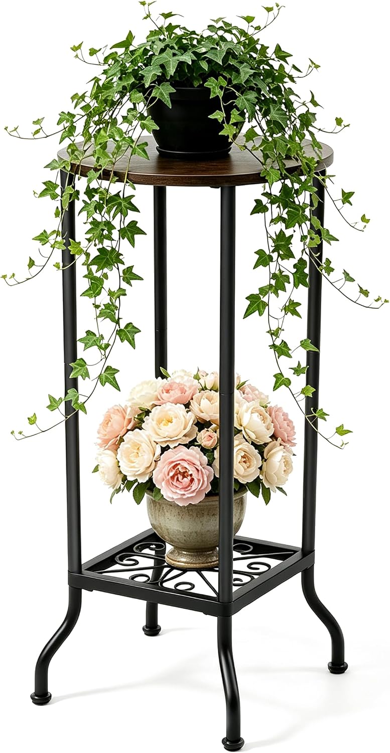 2-Tier Tall Plant Stand Indoor, Wooden Plant Stand with Wood Top & Metal Frame, Mid Century Modern Plant Rack & Flower Table for Living Room, Patio, Large Plants