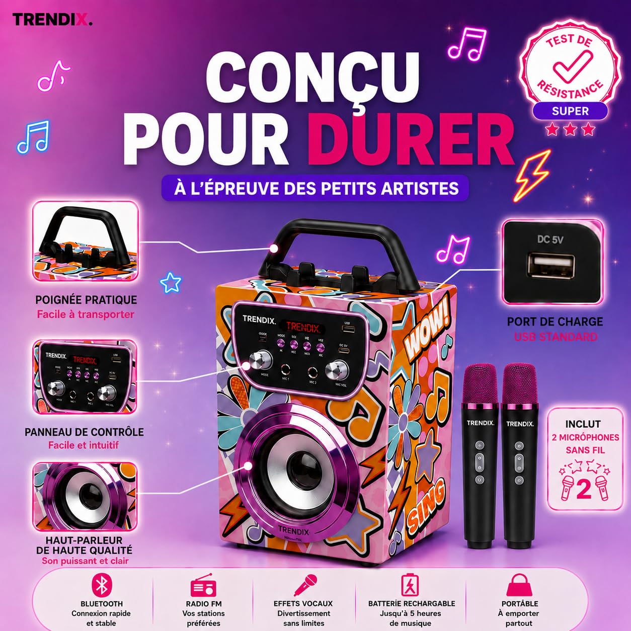 Trendix - Karaoke Enfant Magic Melody | Enceinte Karaoke 2 Micro sans Fil | Karaoké Enfant 2 Microphones | Enceinte avec Micro sans Fil | Enceinte Bluetooth Portable | Cadeau