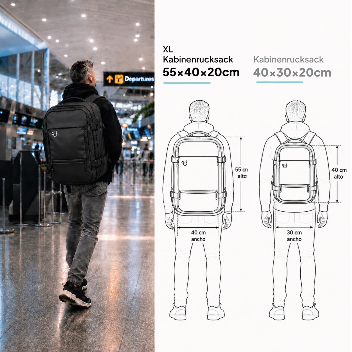 OcioDual Großer Handgepäck Rucksack 55x40x20 cm, Erweiterbar auf 55x40x25 cm, Kabinenrucksack für Flugreisen, Reiserucksack mit Laptopfach 17 Zoll, Wasserabweisend