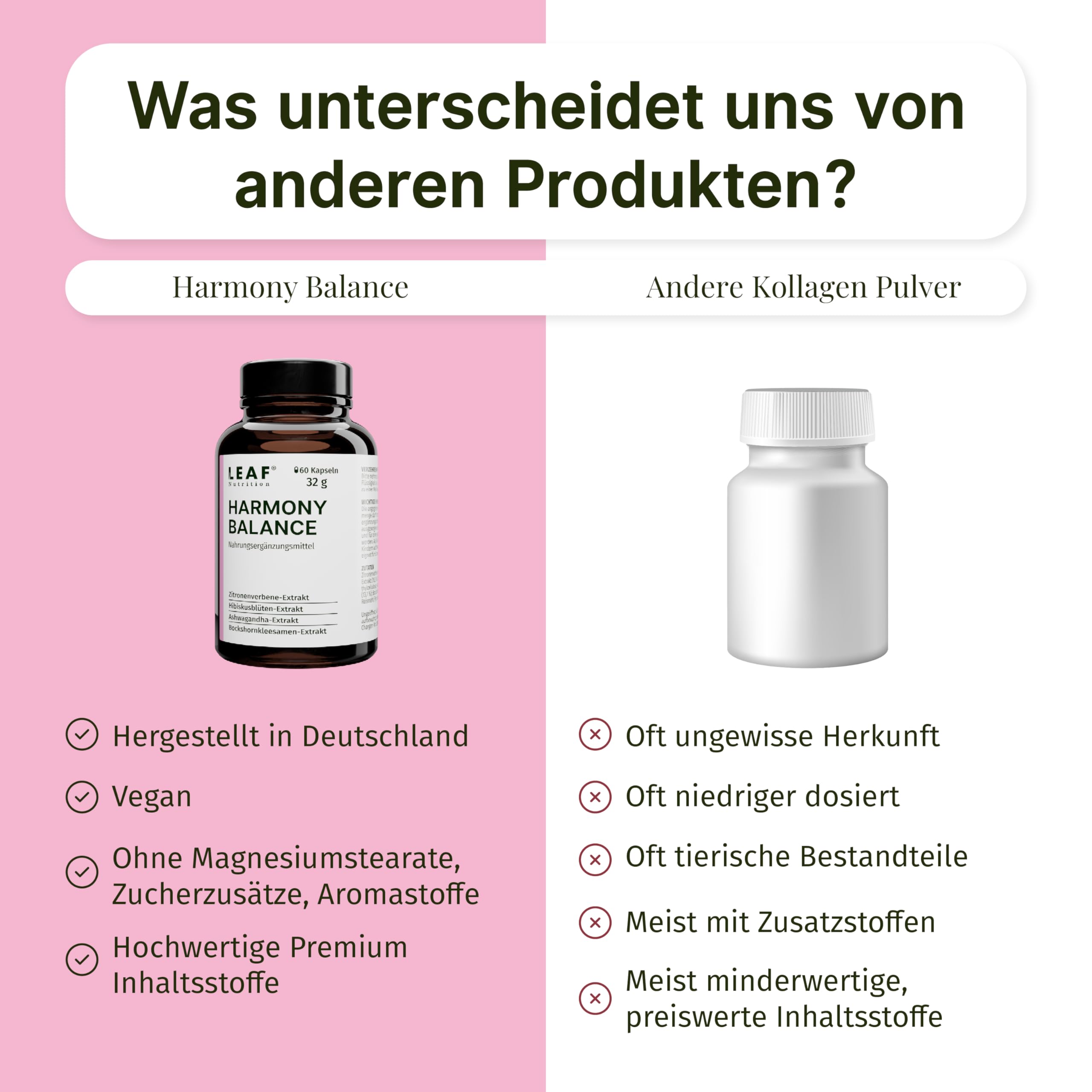 LEAF HARMONY BALANCE Kapseln Frauen – Meno Komplex Wechseljahre mit Ashwagandha, Zitronenverbene, Vitamin B6 zur Regulierung der Hormontätigkeit – 60 vegane Kapseln, made in Germany