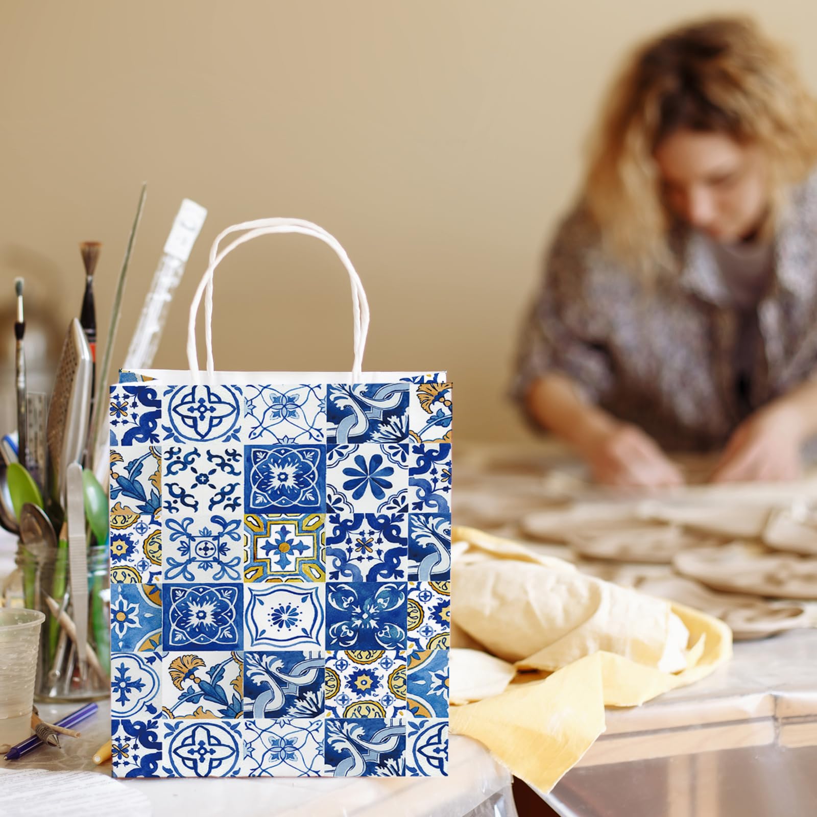 JarThenaAMCS Papiertüten mit Seidenpapier, Vintage-Stil, mediterran, Geschenktüten mit Griff, für Babyparty, Hochzeit, Party, Gastgeschenk, 24 Stück