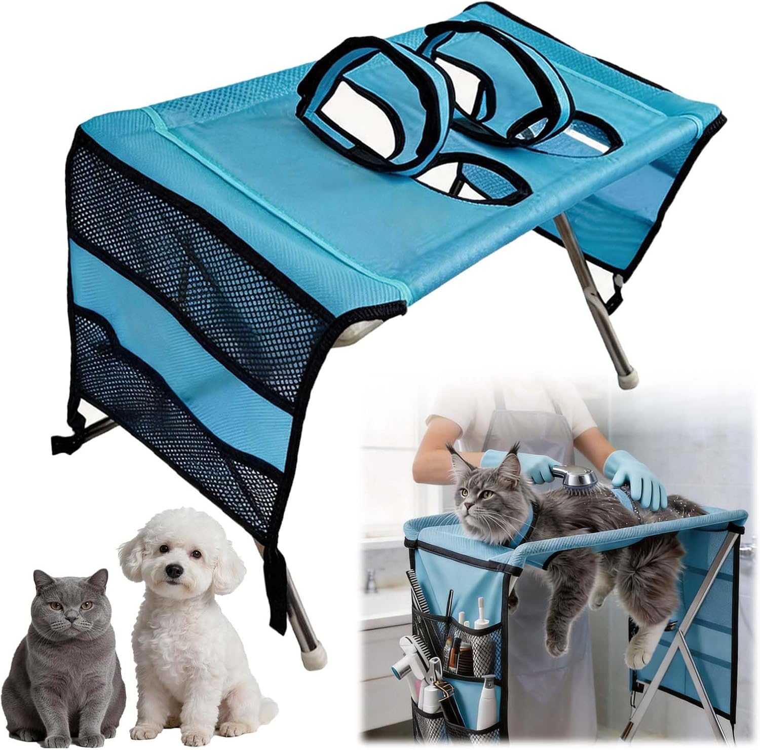 Foldable Dog Grooming Hammock & Stand, Stainless Steel Pet Grooming Table for Small Dogs/Cats, Anti-Slip Nail Trimming, Bathing & Senior Care, Dog Hanging Harness for Nail Trimming - Supports 30 lbs