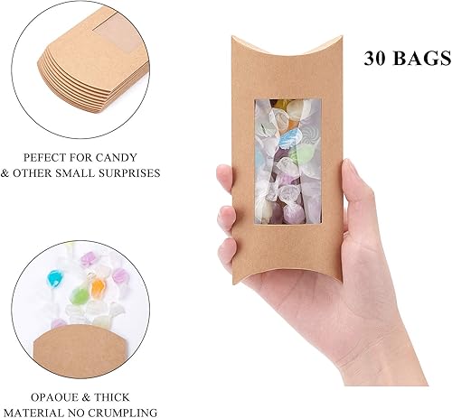 Miniatura 3 de BENECREAT 30 cajas de almohada de papel kraft marrón de 7.3 x 3 x 1 pulgadas con ventana transparente, caja de embalaje de dulces para cumpleaños,
