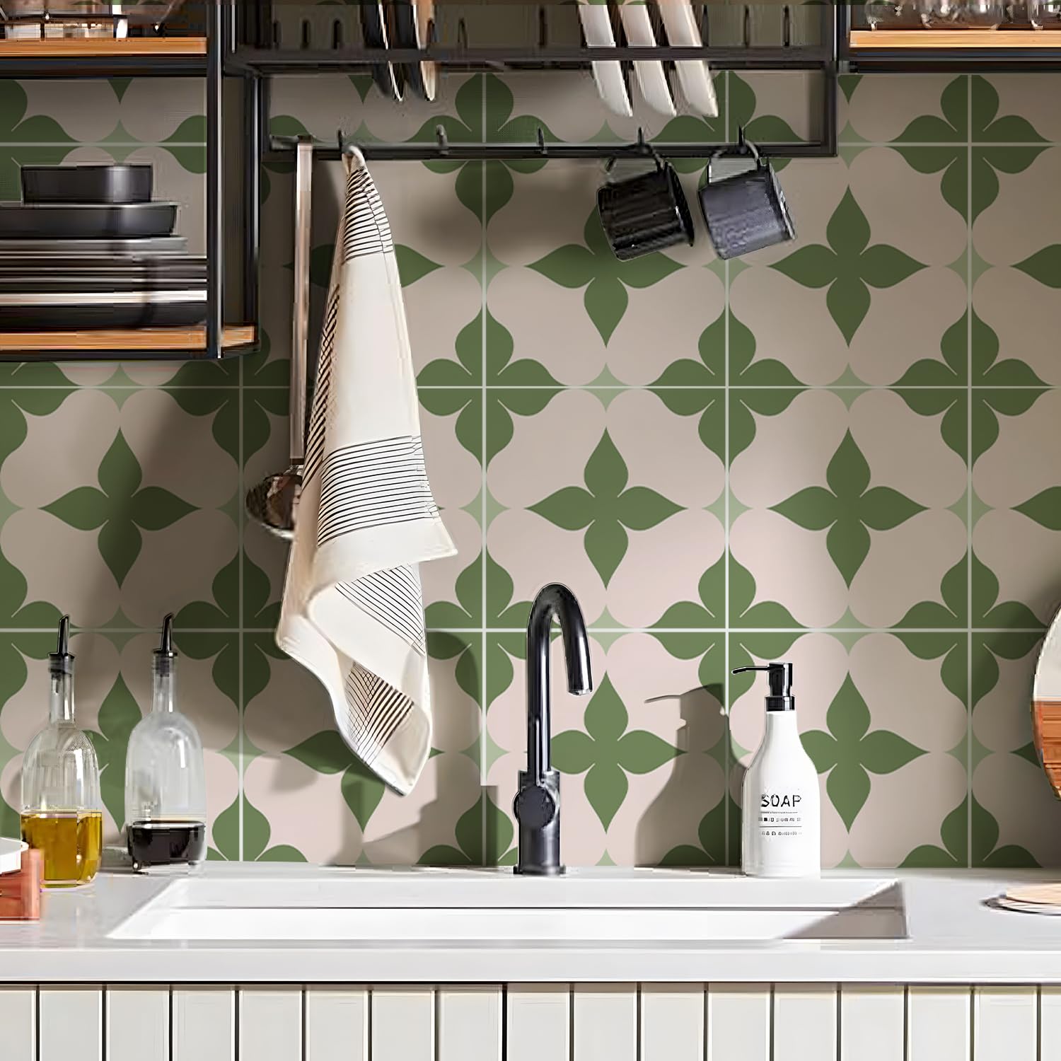 Alwayspon 25PcsX20cm/8inch Tile Sticker, Green Self Adhesive Stick on Tiles Transfer Sticker for Bathroom Kitchen, Splashback for Cooker, Peel and Stick Adhesive Vinyl Wall Tiles Sticker