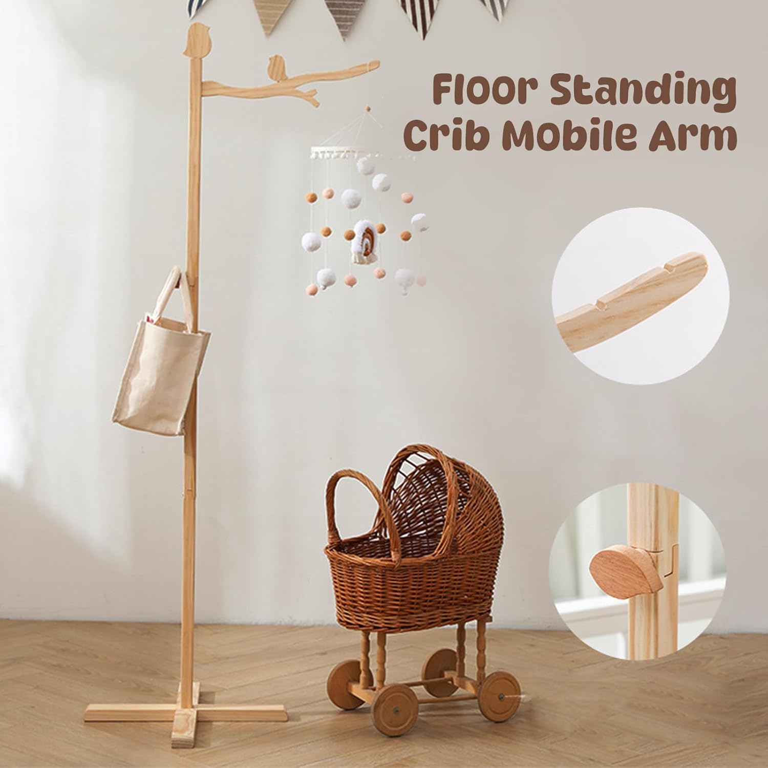 Baby Mobile Crib Holder Wooden Crib Mobile Arm, Floor Standing Crib Mobile Arm Strong Support Multifunctional Movable Baby Mobile Hanger Mobile Stand for Hanging Bed Bell