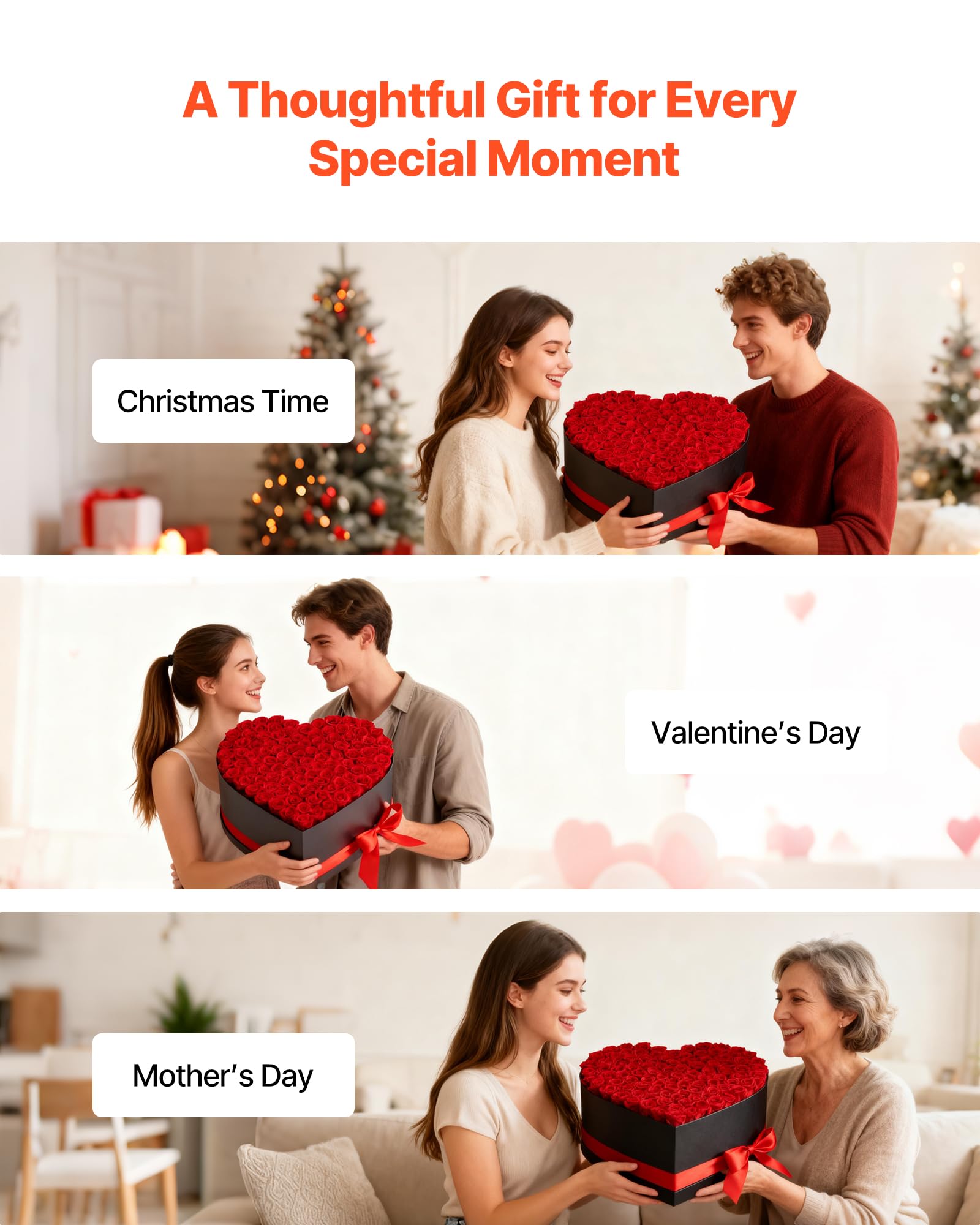 VEVOR Rose Éternelle 100 Fleurs Éternelles Préservées Boîte Cœur, Bouquet Rose Éternelle, Cadeau pour Elle, Femme, Épouse, Maman, Sœur, Mamie, Amie, Anniversaire, Saint-Valentin, Noël, Rouge Classique