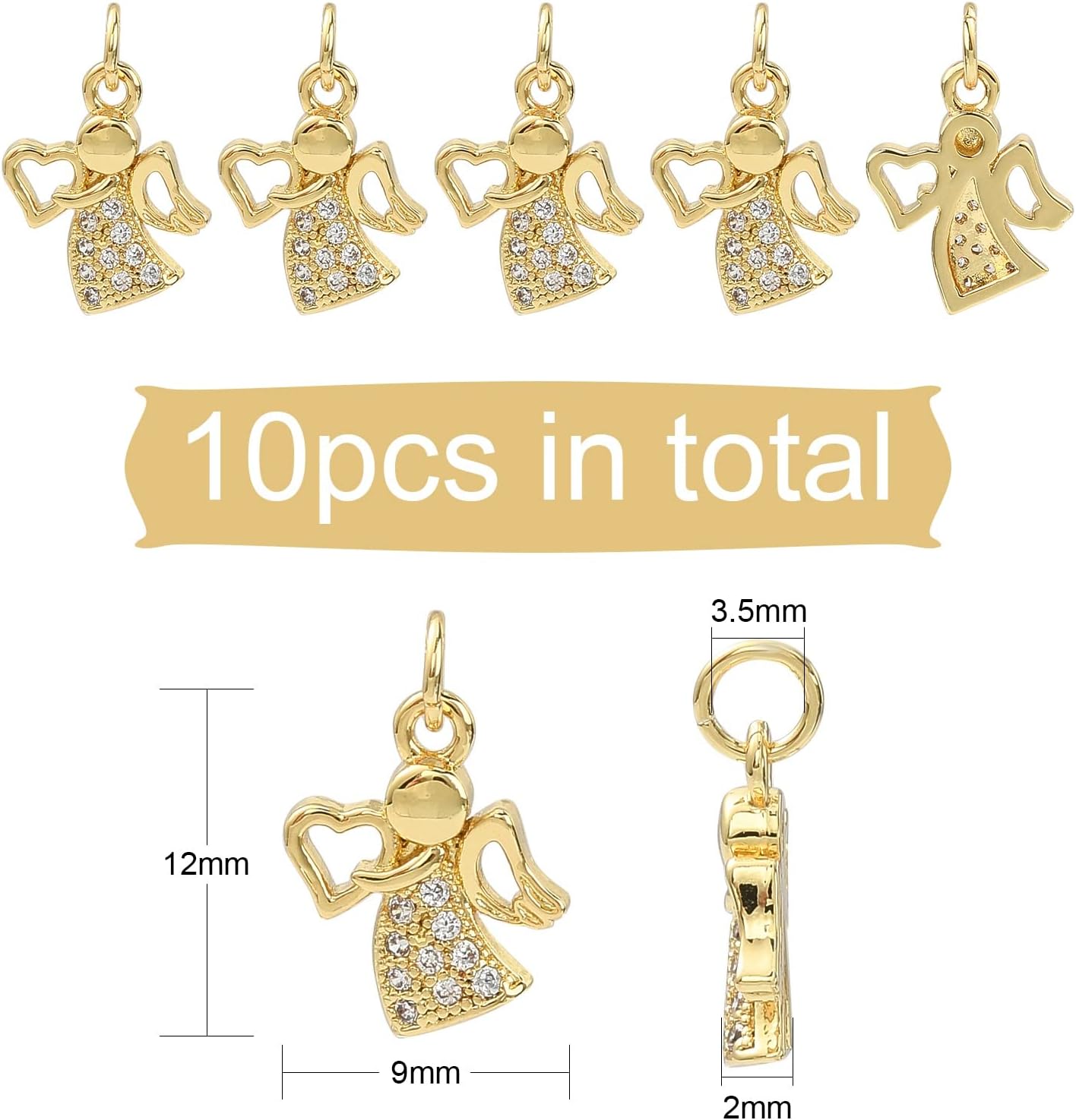 KitBeads 10pcs Gold Plated Angel Guardian Charms Micro Pave Zirconia Love Heart Charms for Bracelets & Jewelry Making - Image 2