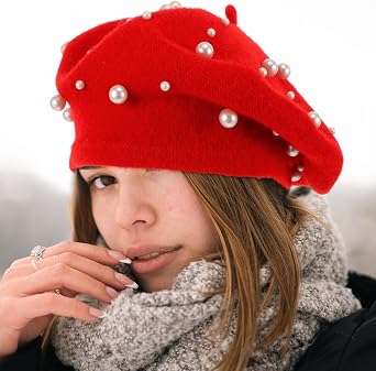 Pearl Beret Hats for Women Classic French Beret Red Hats for Women Girls Elegant Winter Accessory