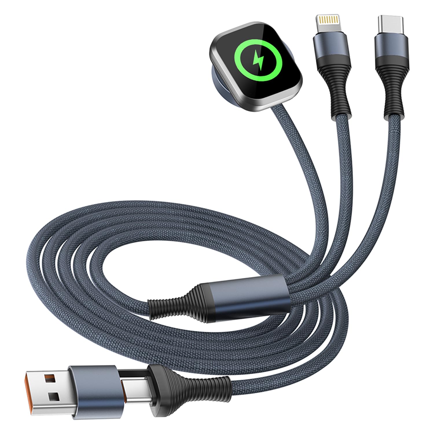 Travel Essentials 3 in 2 USB A/C Cable for Watch Charger/iPhone 17/IP Port, Multi Charging Cable for All Devices Designed for iWatch Ultra/SE/11-1 & iPhone 17-11,Gray for iWatch Charger(4FT)