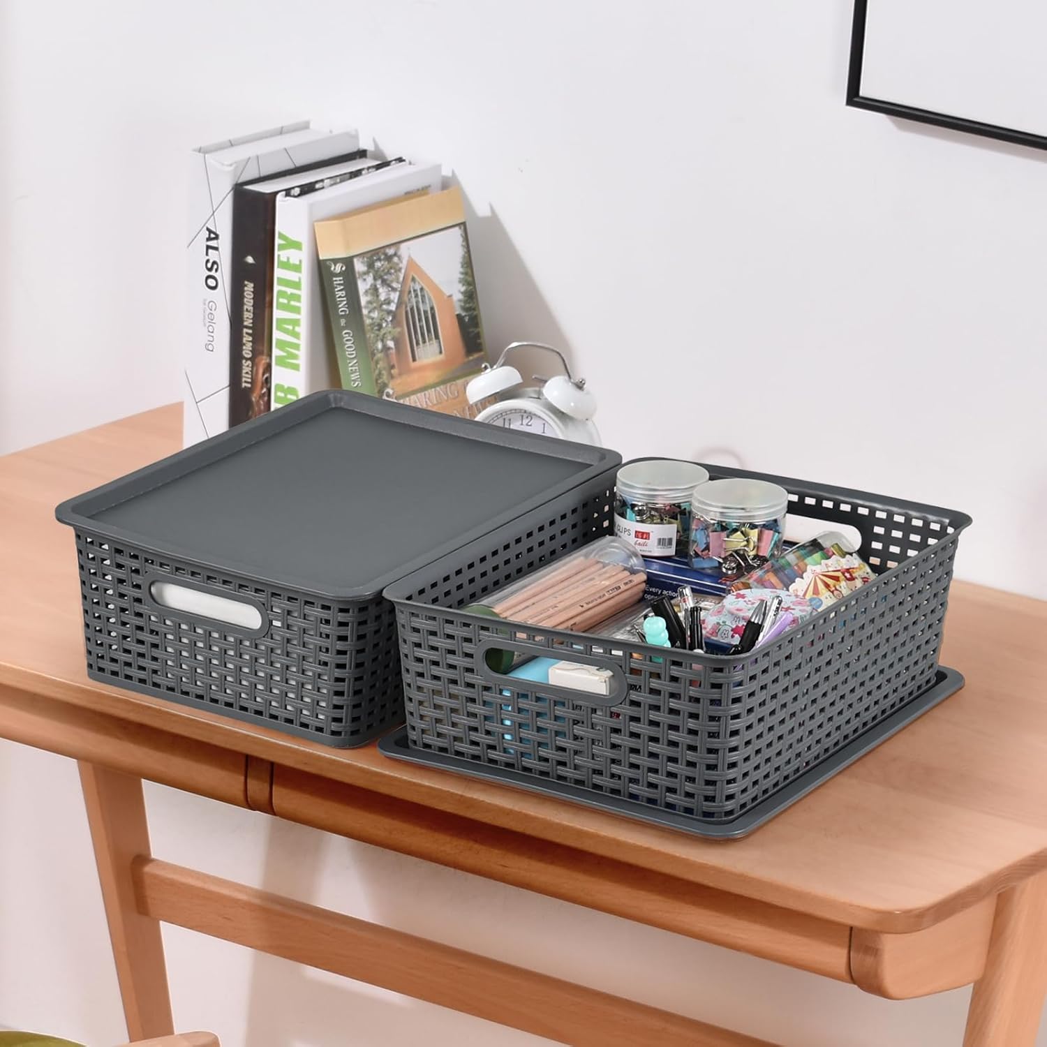 6 Pack Plastic Basket with Lid, Grey Stackable Baskets for Organizing, 14" X 11.7" X 5.35"