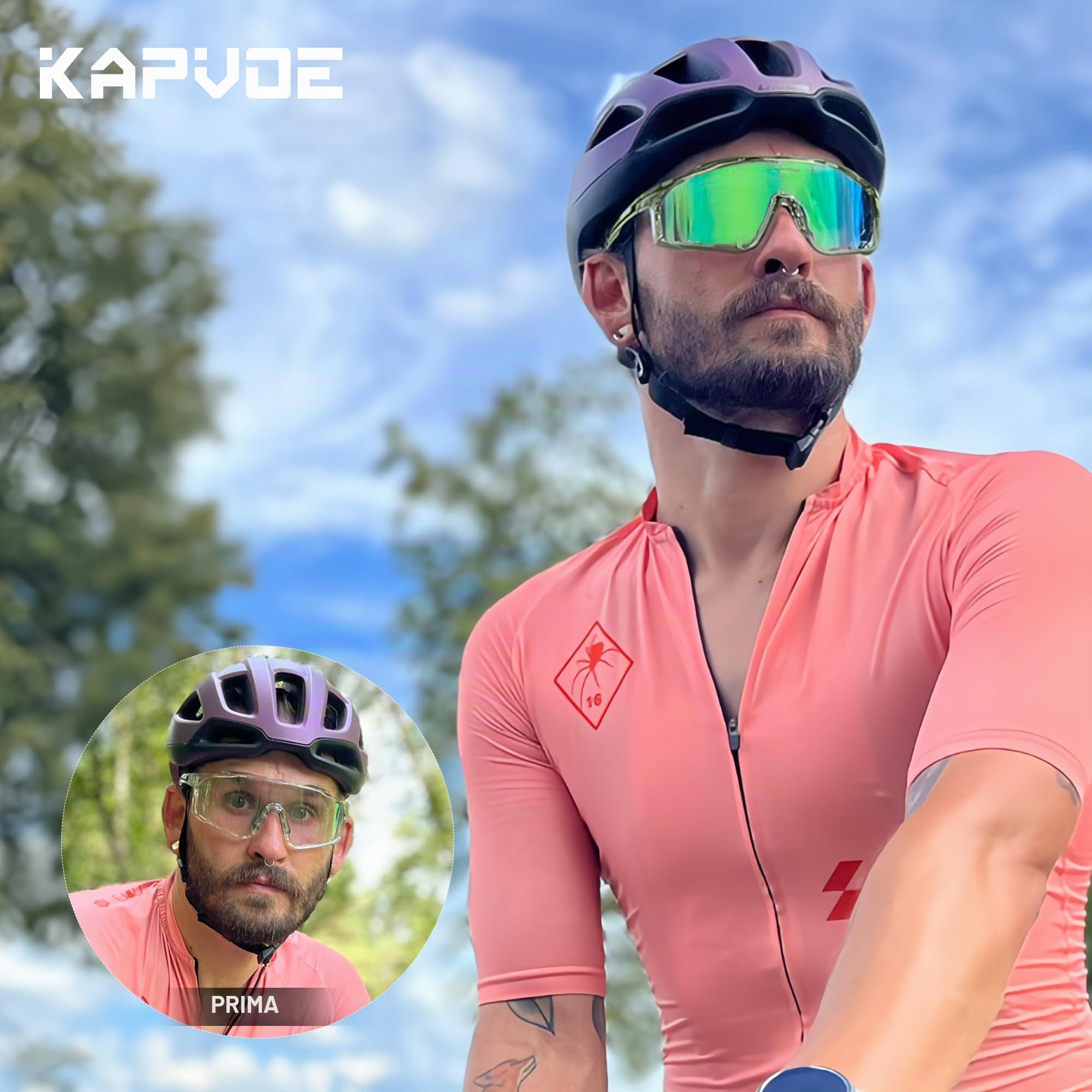 KAPVOE Occhiali Ciclismo Fotocromatici Lente e Telaio UV400 K76 | Lente & telaio fotocromatici, lente trasparente a nero CAT.0-CAT.2, UV400, nasello regolabile