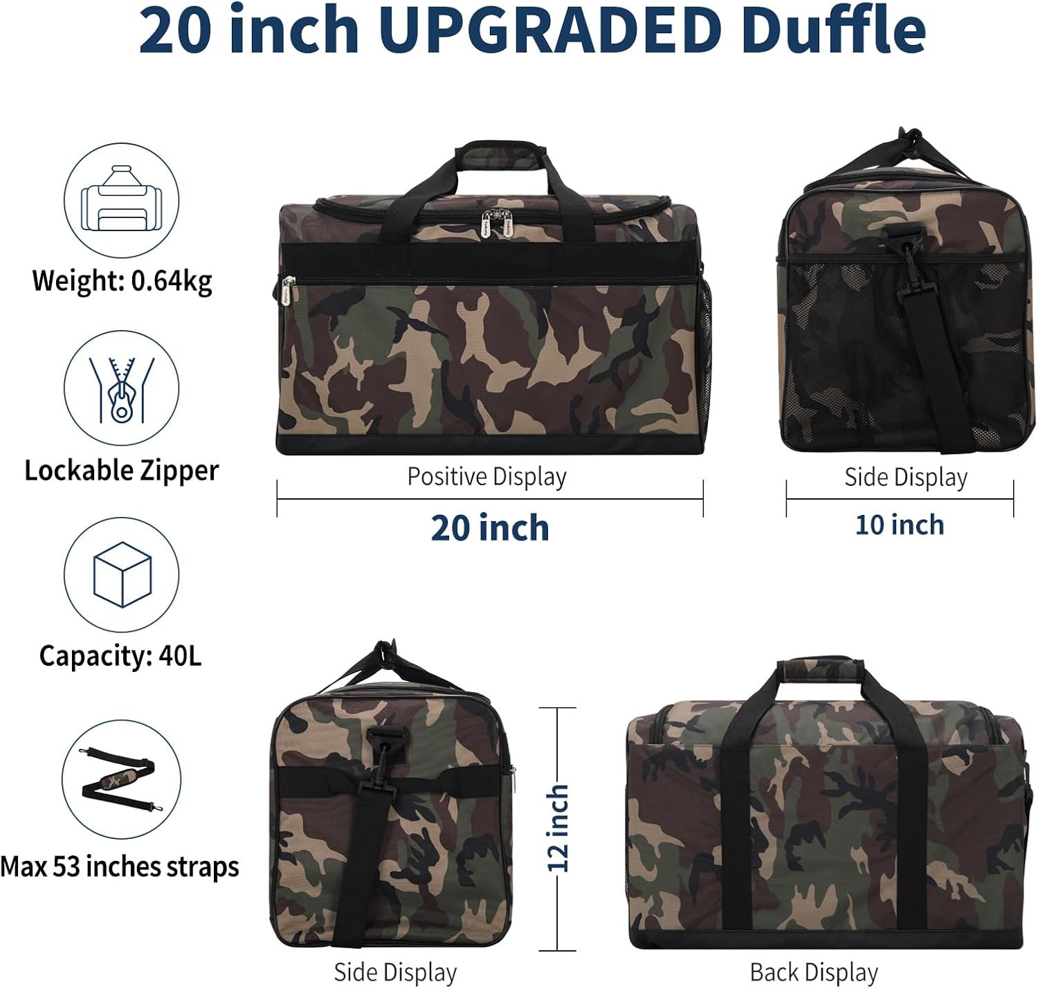 Mens Gym Bag 20 inch, Camo | 40L, Sport Duffle Bag for Men, Weekender, Travel