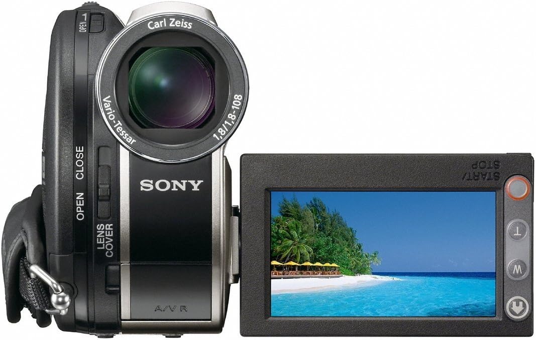 Sony DCR-DVD650 camcorder with LCD screen open, showing the lens and controls