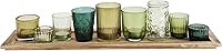 Vista 6 de Creative Co-Op Wood Tray with 9 Green Glass Votive Holders