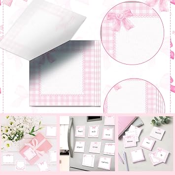 22 Pcs Cute Pink Bow Stuff,10 Pink Coquette Bow Pens and 12 Pads Bow Sticky Notes,Valentines Gifts,Black Ink Ballpoint Pens for Birthday Party Back to School Student Gift Women Office School Supplies