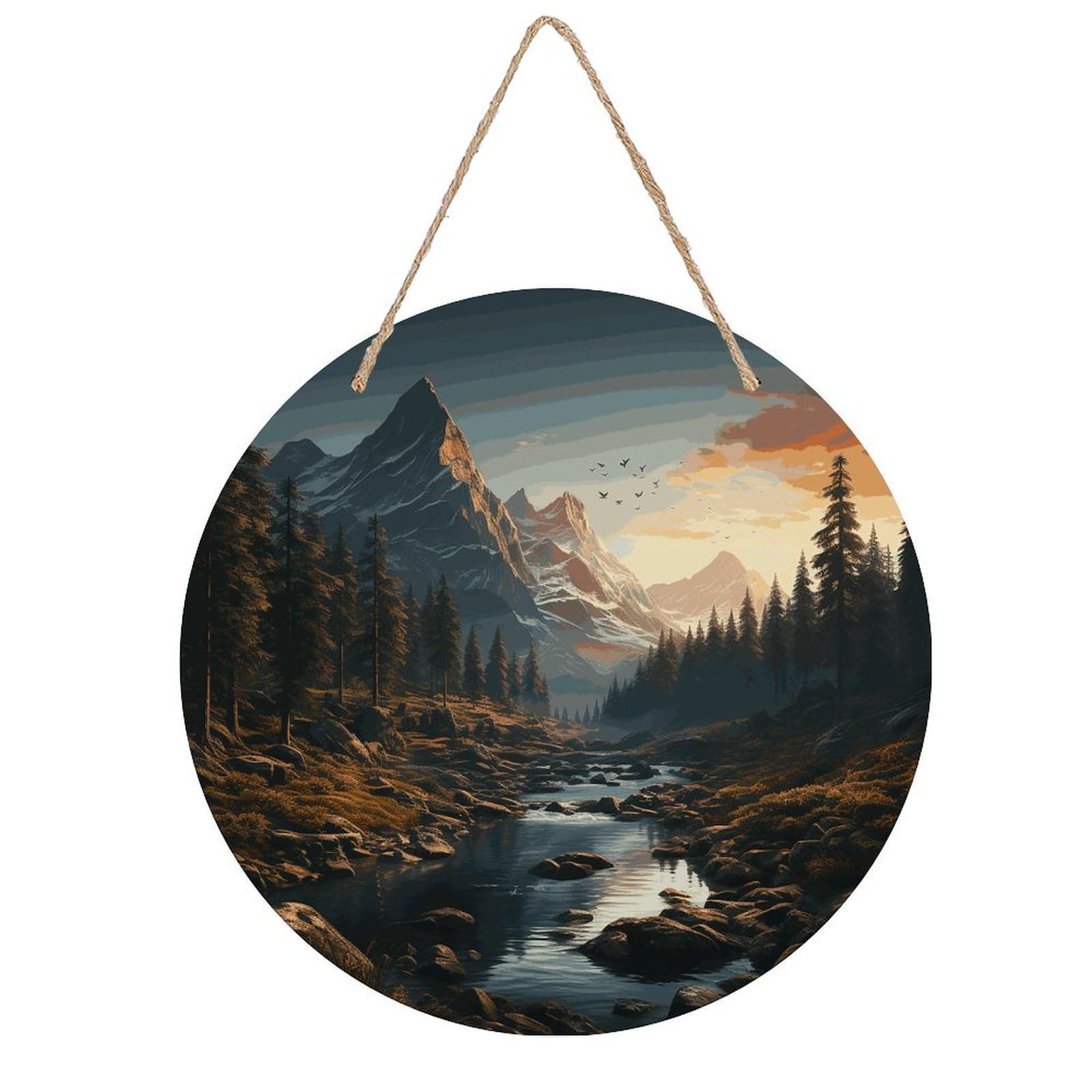 FekiLoot Round Wilderness Wall Art Decor Painting Wooden Hanging Sign with Ropes Bohemian Wall Hanging Retro Mid Century Modern Wall Art for Home Bedroom Living Room 7.9x7.9 in