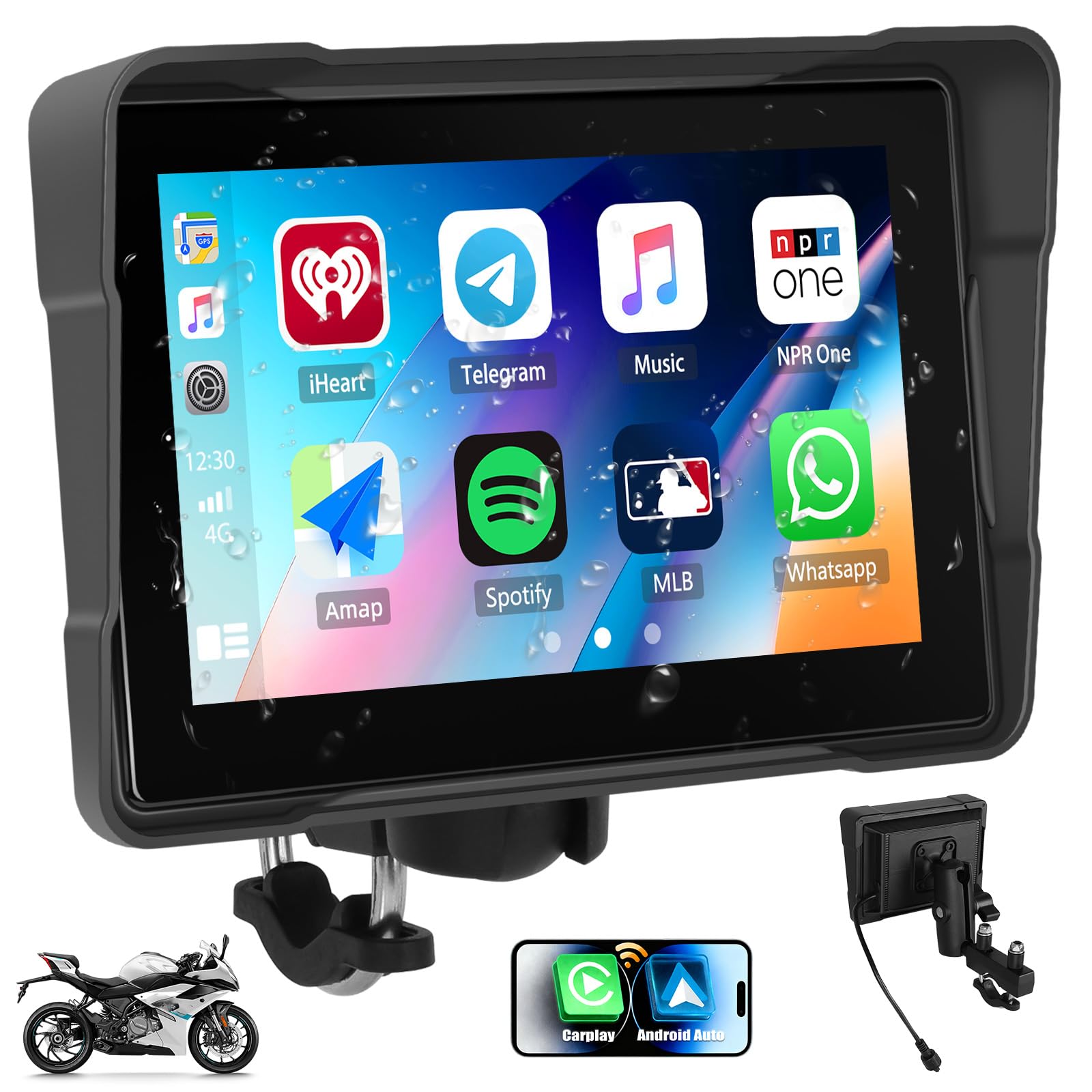 Coche de Moto Portátil con Android Auto Carplay inalámbrico 5 Pulgadas IP67 Impermeable Pantalla Táctil para Motocicletas con Cámara de Salpicadero Navegación Bluetooth Mirrorlink EQ TF Card Moto