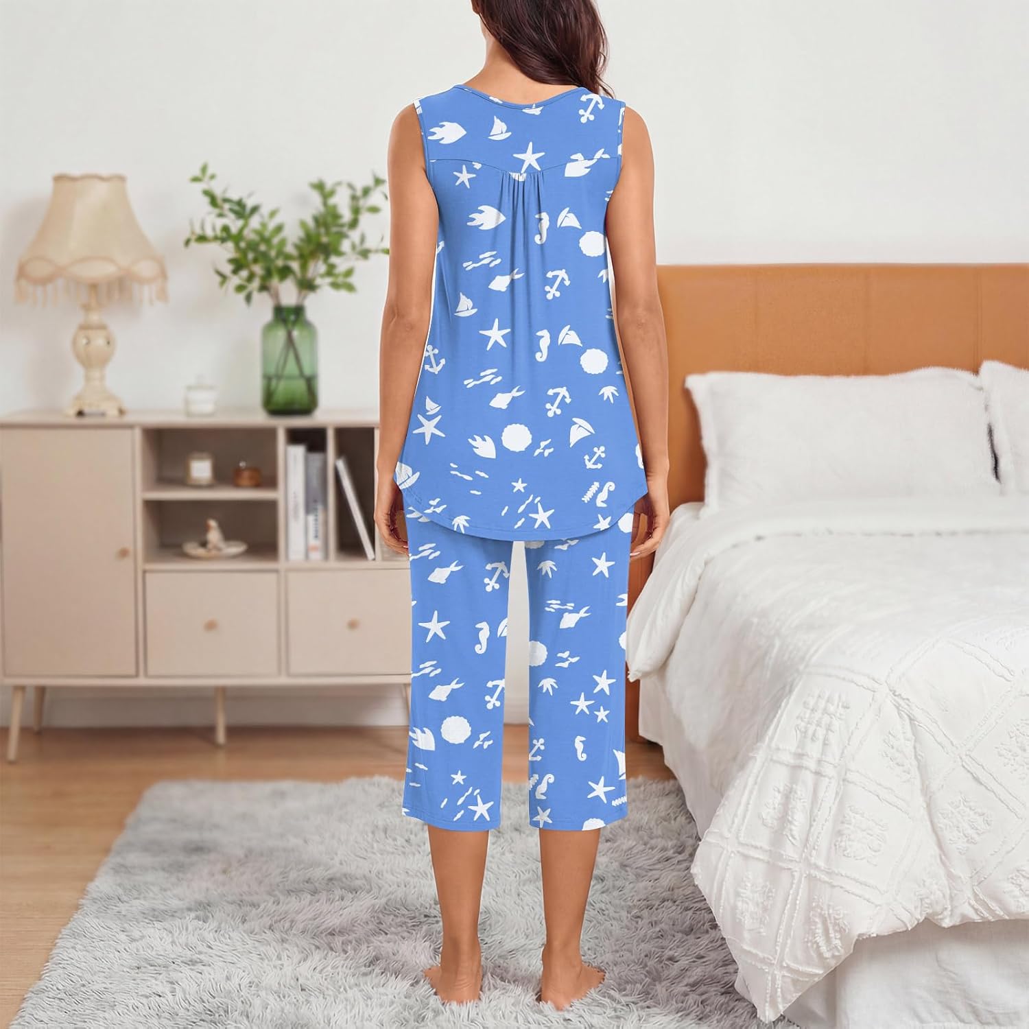 Bestbee Women's Sleeveless Pajama Sets 2 Piece Sleepwear Summer Lounge Outfits Henley Tanks Capri Pants Ladies Pjs - Image 4