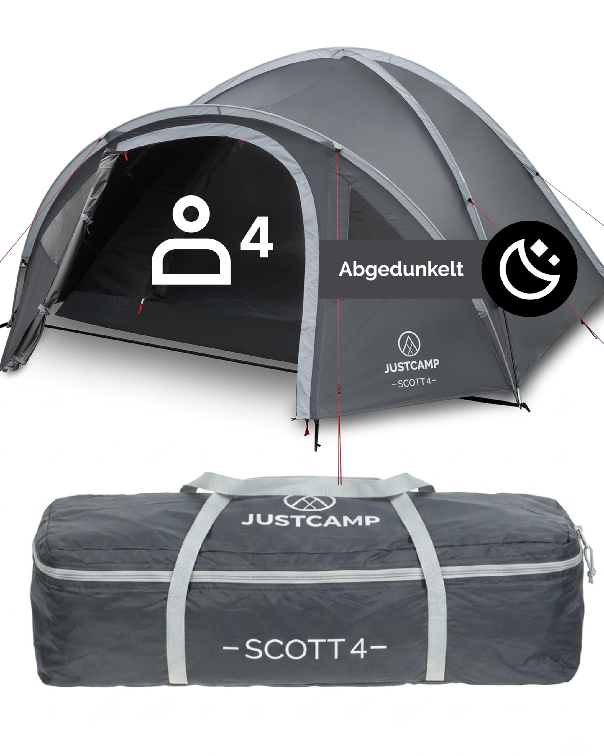 JUSTCAMP Scott Camping Zelt 4 Personen - großes Kuppelzelt mit abgedunkelter Schlafkabine & verschließbarem Vorraum - Familienzelt mit Lüftung, Moskitonetz & Lampenhalter