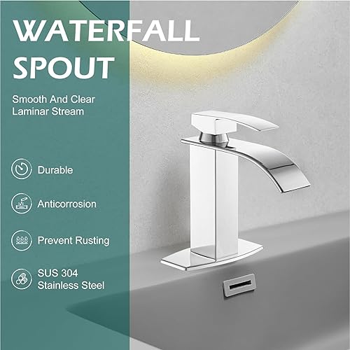 Miniatura 3 de Hoimpro Grifo de baño cromado con boquilla de cascada grifo de lavabo de baño de una sola manija grifo mezclador de lavabo con placa de cubierta