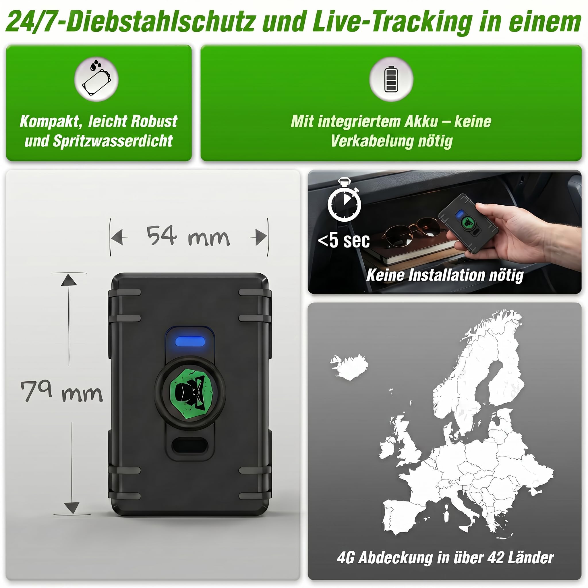 Tracer Easy GPS Tracker per auto, antifurto e mini dispositivo di localizzazione | Per veicoli e oggetti di valore, app iOS e Android, batteria ricaricabile USB-C con 150 giorni di autonomia