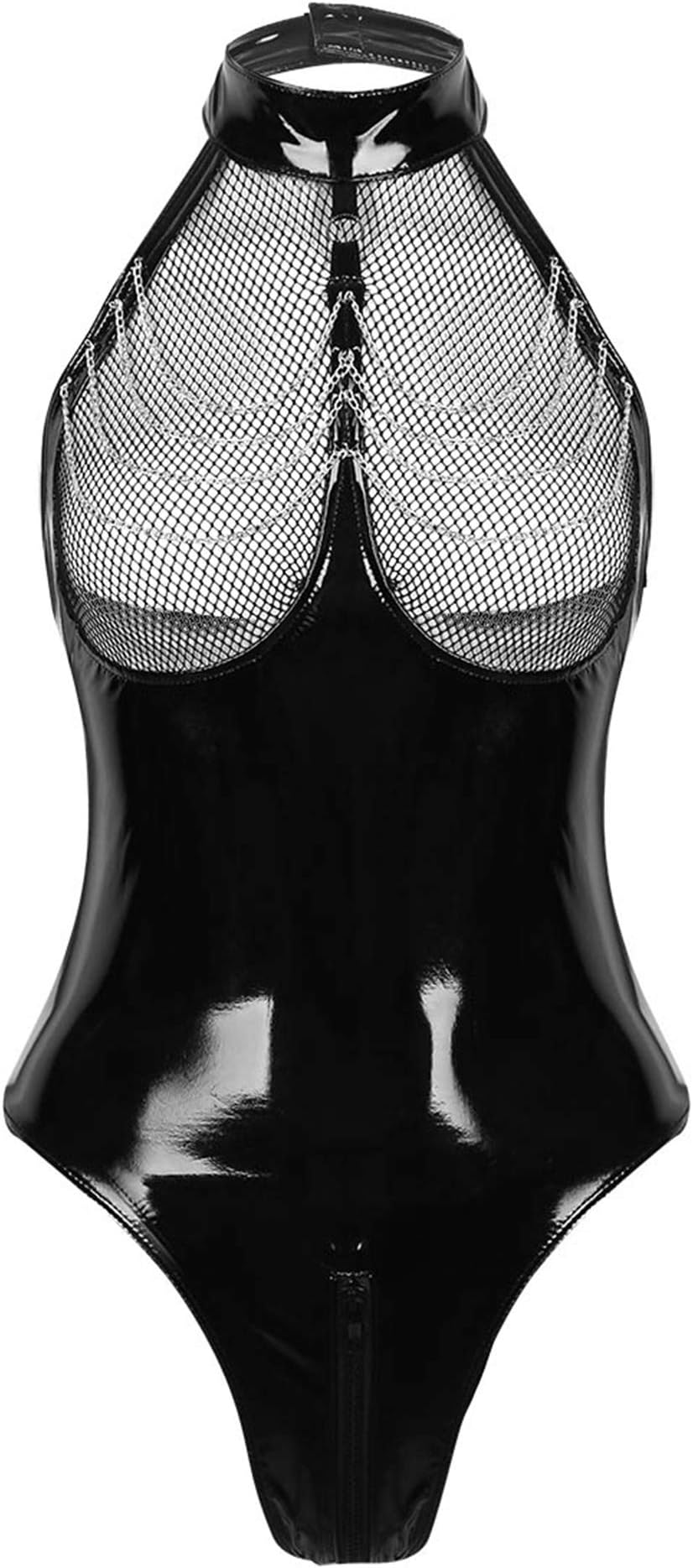ranrann Womens Wetlook Patent Leather Halter Neck Fishnet Bust Zipper Crotch Leotard Bodysuit Teddy Lingerie