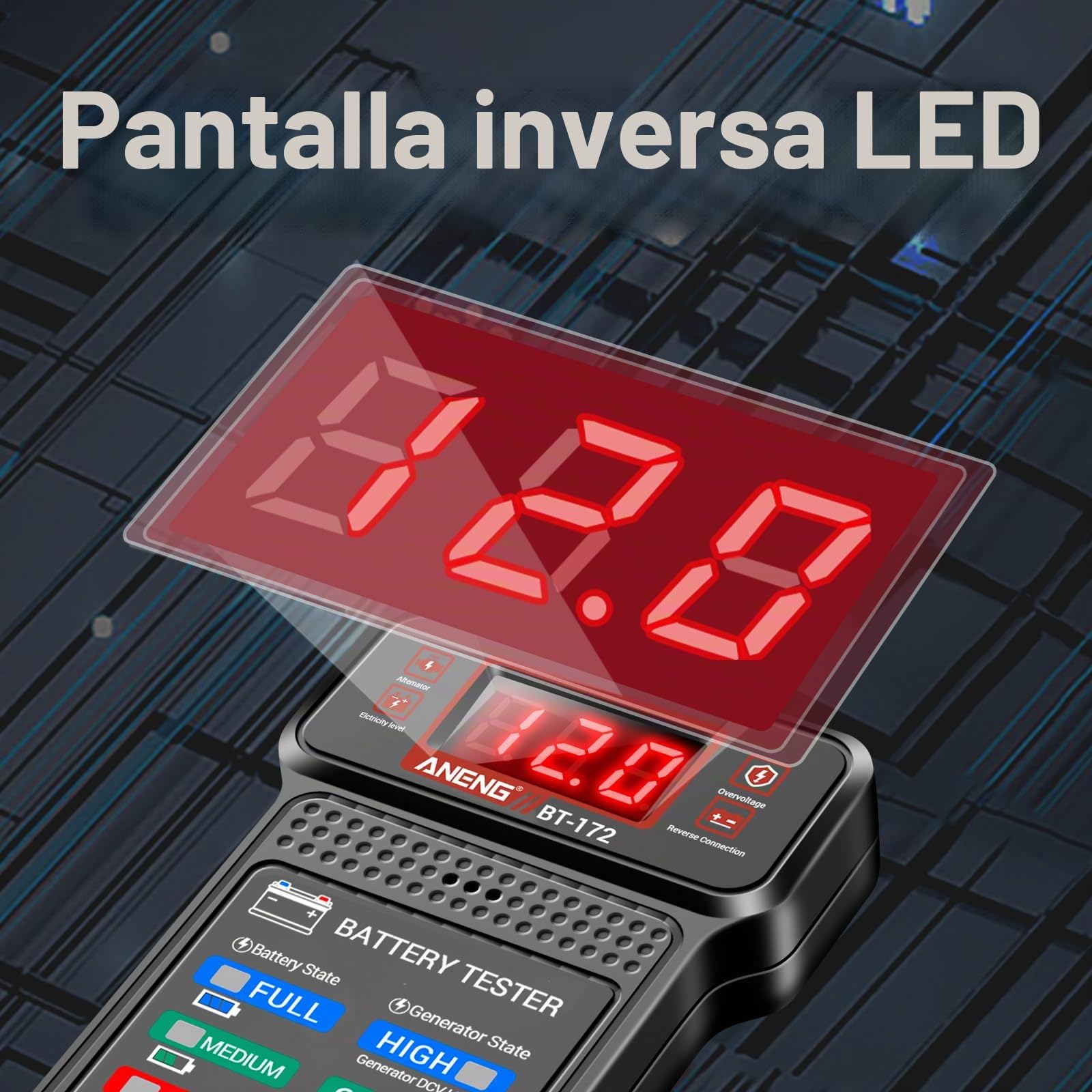 ANENG Comprobador de Batería de Coche,12V,Comprobador Digital de Batería de Coche,Analizador de Carga de Alternador con Pantalla LCD y LED,Indicador de Voltaje Para Coches y Herramientas Eléctricas