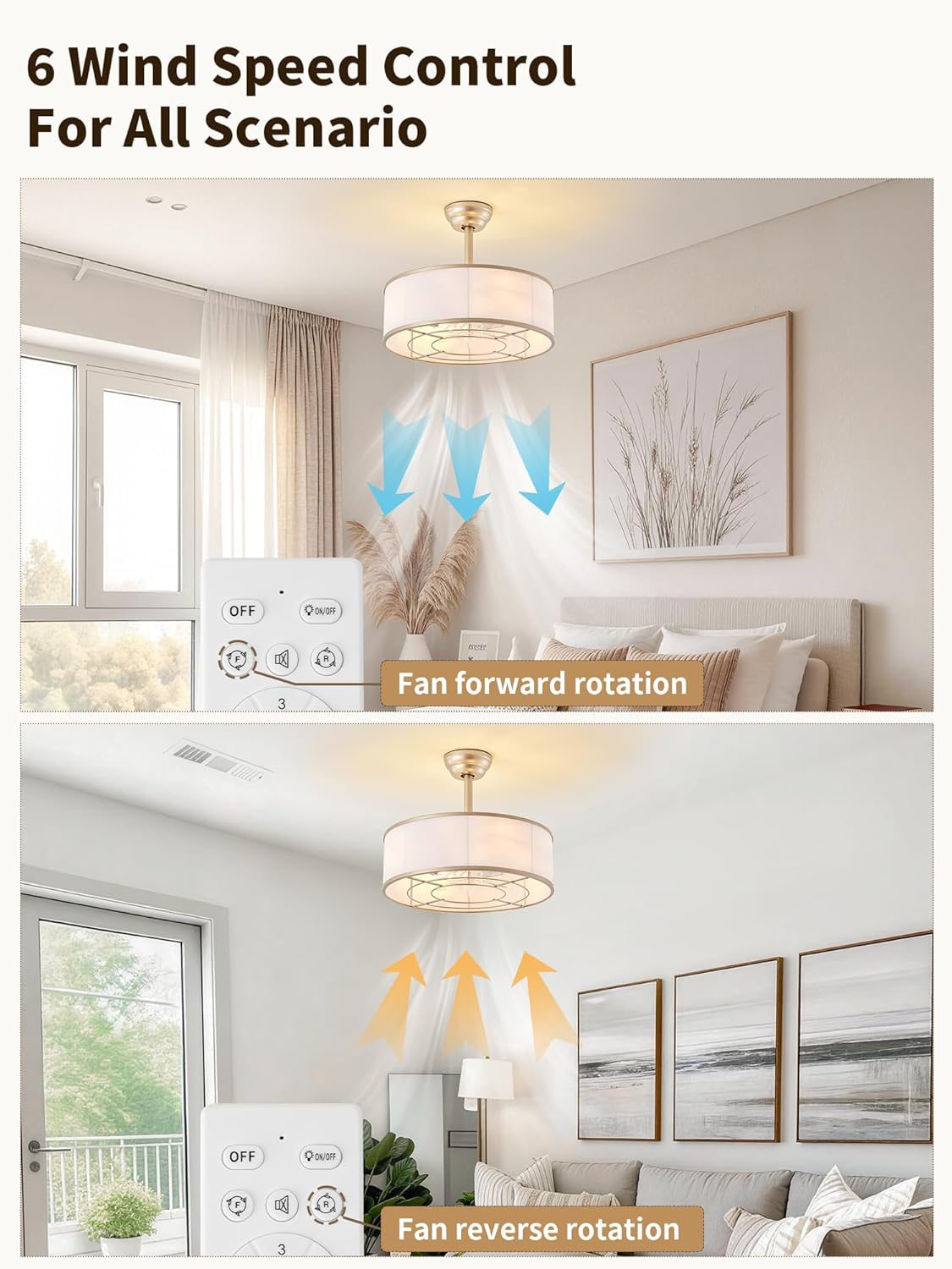 20" Caged Gold Fandelier Ceiling Fans with Lights, Boho Ceiling Fan with Light Remote Control, Mid-Century Chandelier with 6 Speeds for Bedroom,Living Room, Nursery