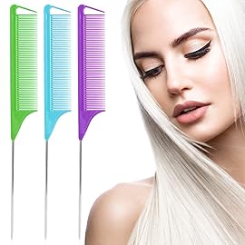 Rat Tail Teasing Combs Set: 3 Long Steel Pin Combs for Parting Hair - Salon Styling Combs for Women (Purple, Green, Blue)