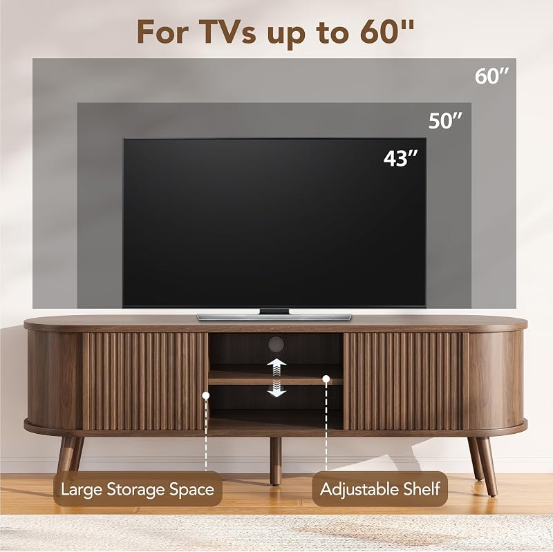 58" Mid Century Modern TV Stand for TVs up to 60 Inch, TV Console, Walnut image 3