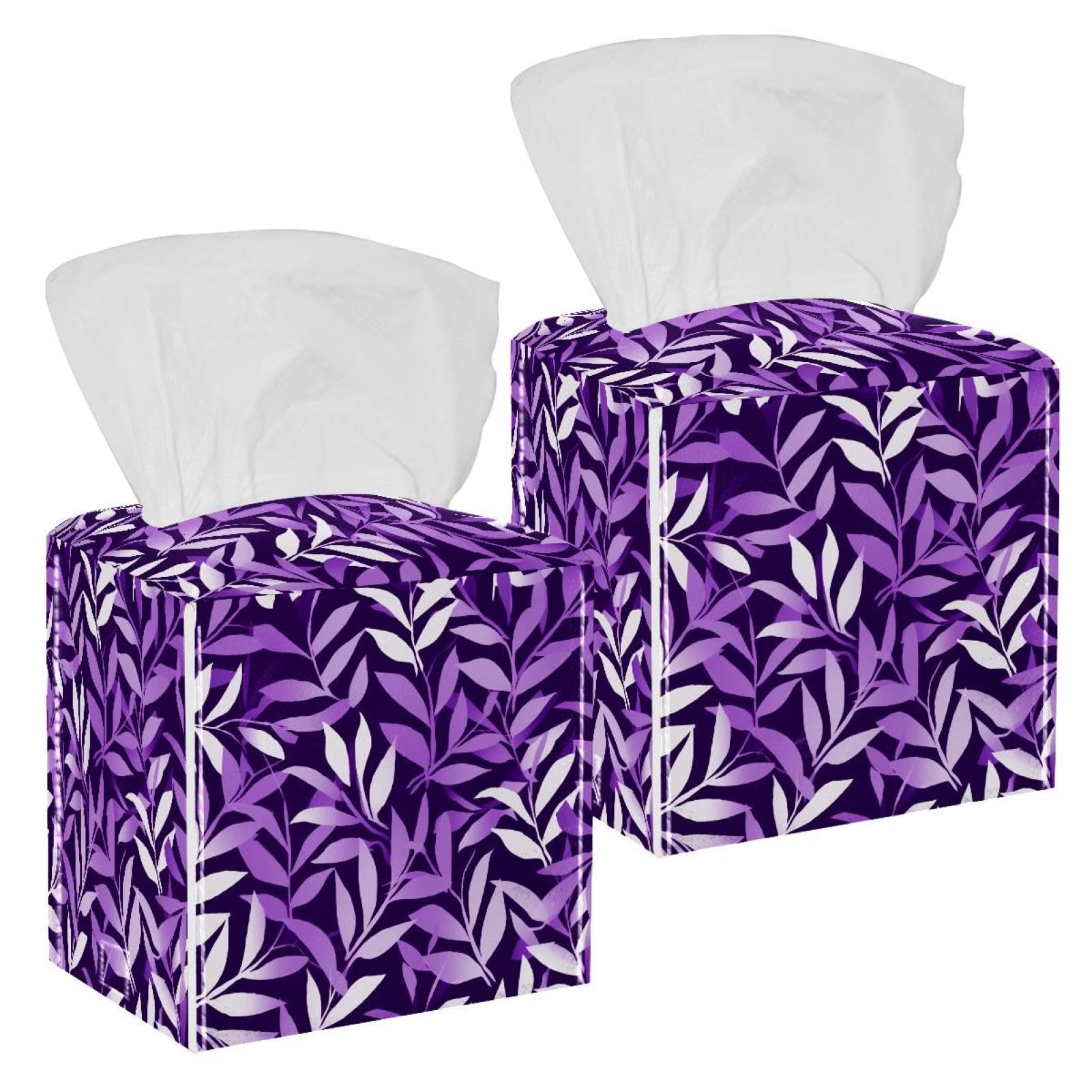 Artistic Leaves Tissue Box Cover, 2 Pack PU Leather Square Facial Tissue Dispenser Box holder for Home Office Car